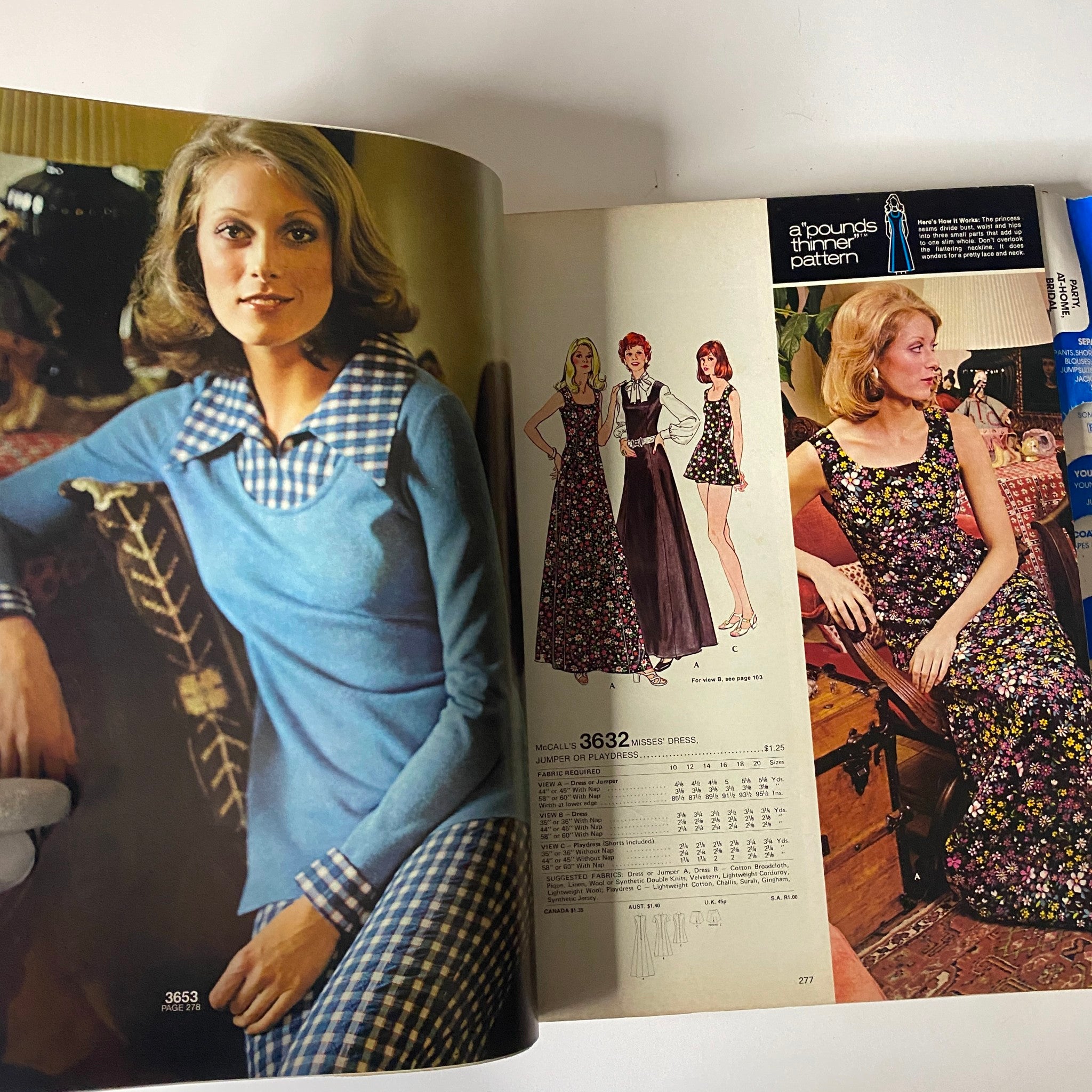 1973 July - August McCall's Carefree Patterns Catalog featuring a fashionable woman in a blue collared outfit paired with floral dresses and playful swimwear illustrations, capturing the essence of 70s style.