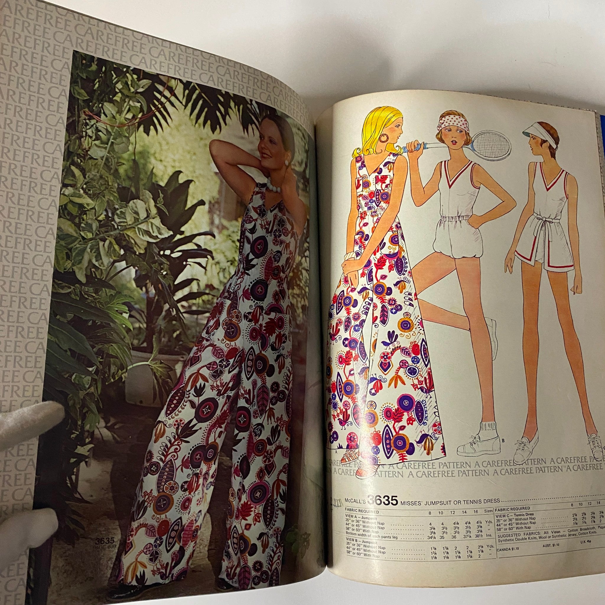 1973 July - August McCall's Carefree Patterns catalog image displaying a woman in a colorful patterned jumpsuit, with fashion illustrations featuring sporty styles.