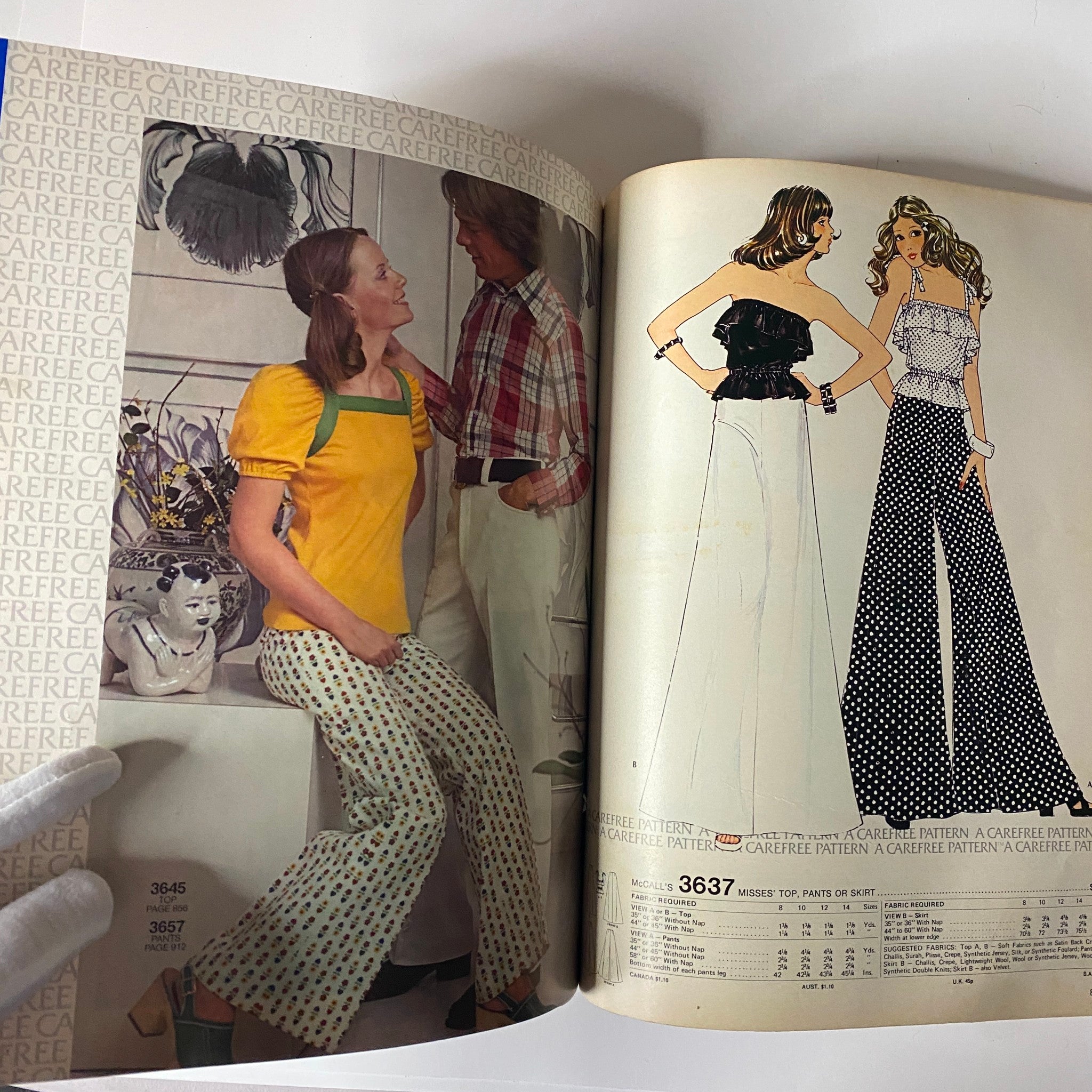 1973 July - August McCall's Carefree Patterns catalog showing a fashion illustration of tops and pants alongside a woman wearing a color-blocked outfit.