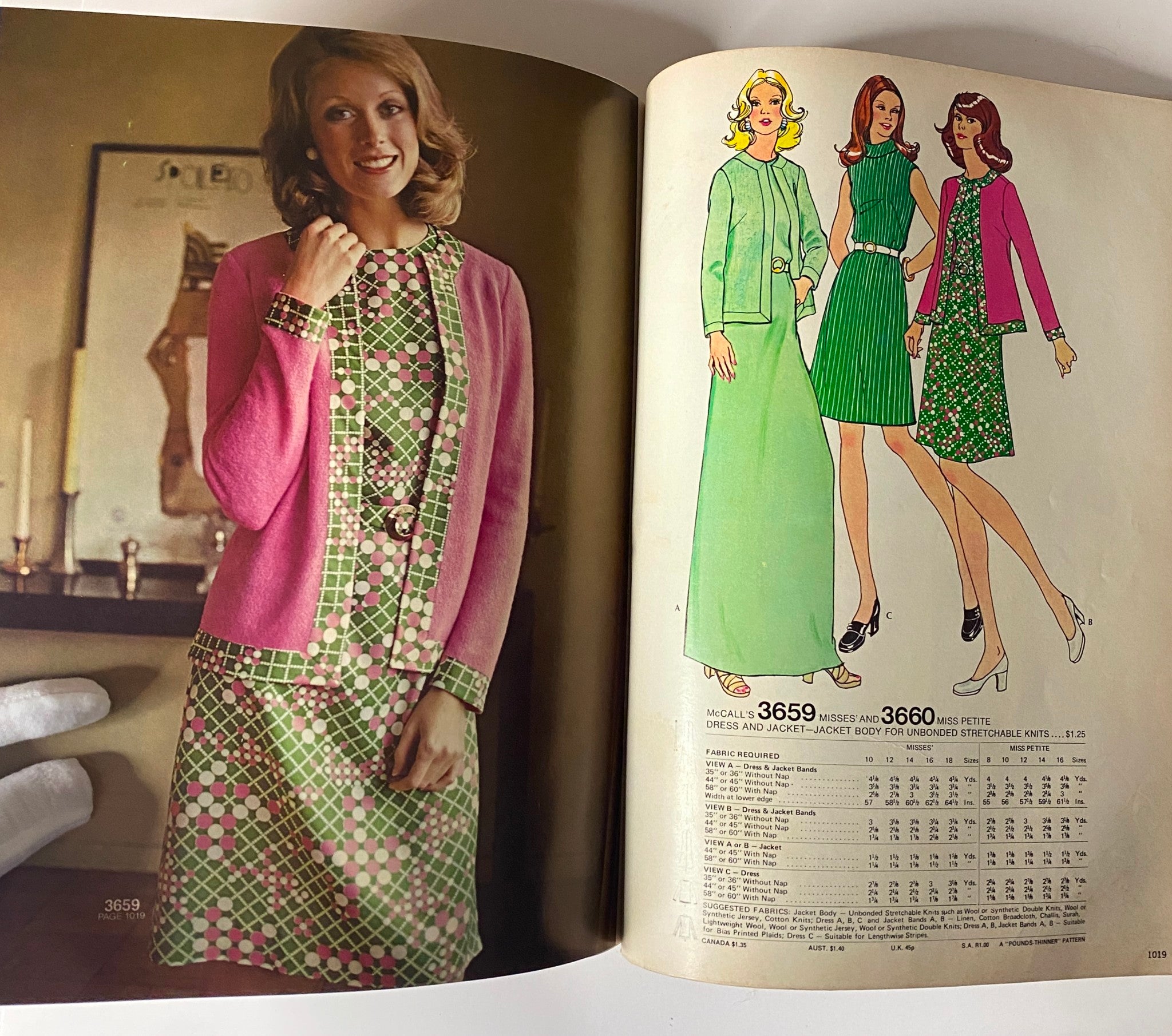 1973 July - August McCall's Carefree Patterns Catalog featuring a model in a patterned dress with a pink cardigan, showcasing early '70s fashion.