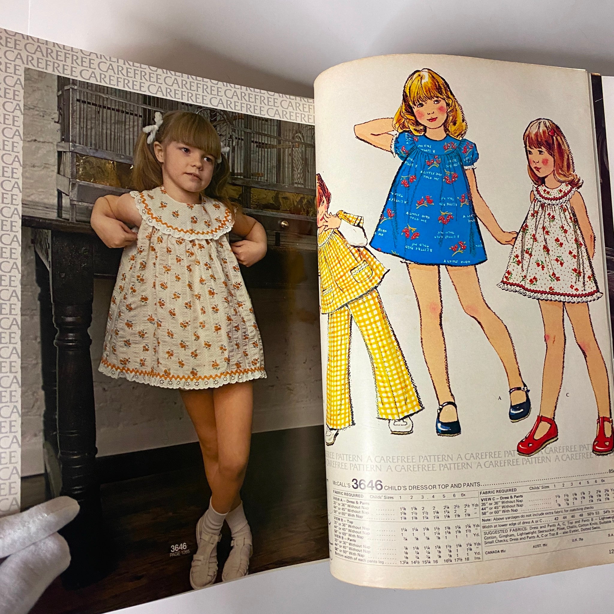 1973 July - August McCall's Carefree Patterns Catalog presenting illustrations of children's dresses and matching outfits, showcasing 1970s fashion styles.