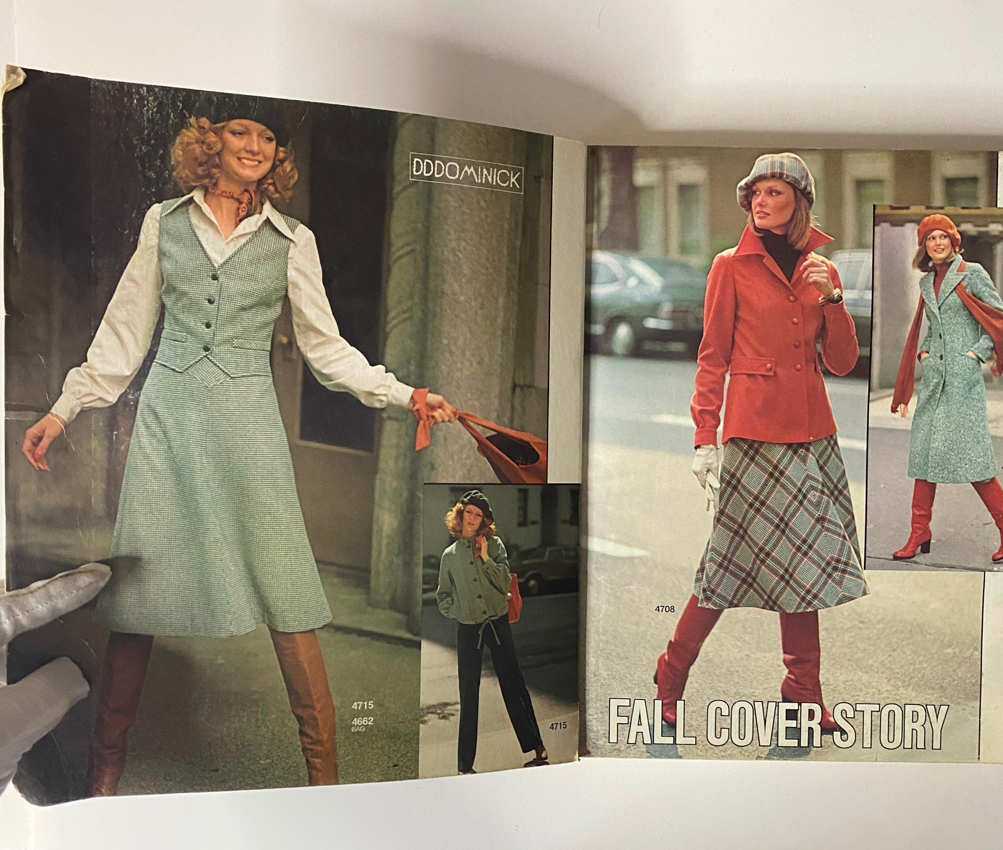 Interior page from 1975 October Carefree Patterns from McCall's displaying a fall fashion cover story with models in 1970s styles including coats and skirts.