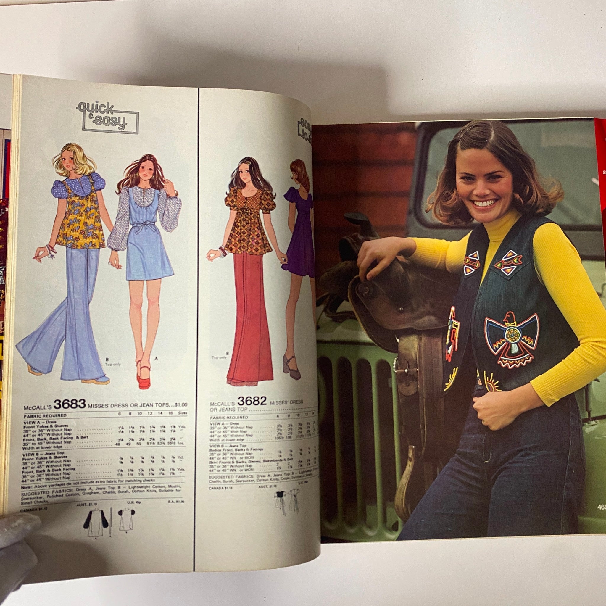 Another interior page of 1975 October Carefree Patterns from McCall's showing a variety of sewing patterns for dresses and casual wear, emphasizing vintage design.