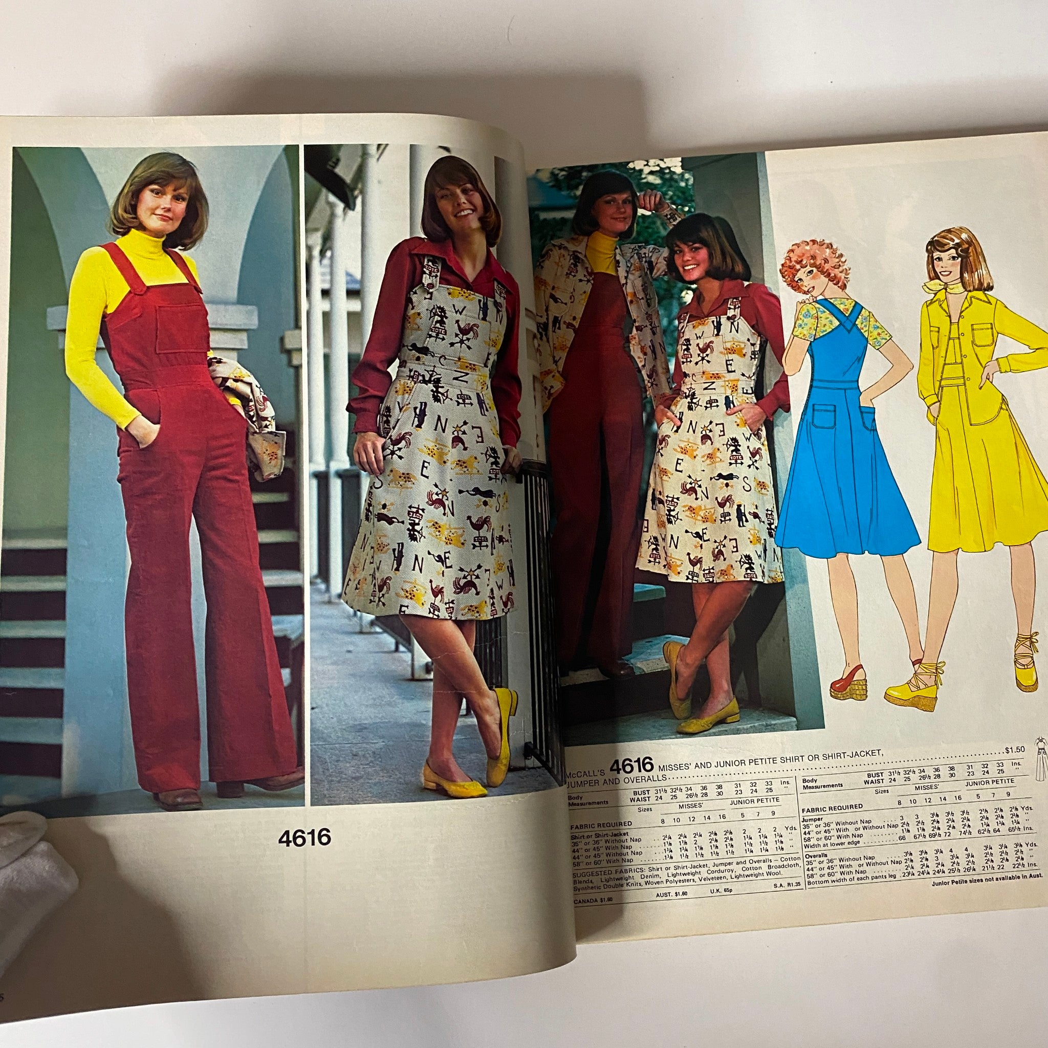 Image from 1975 October Carefree Patterns from McCall's Catalog showcasing women in stylish Misses’ and Junior dresses, overalls, and jackets, emphasizing mid-1970s fashion trends.