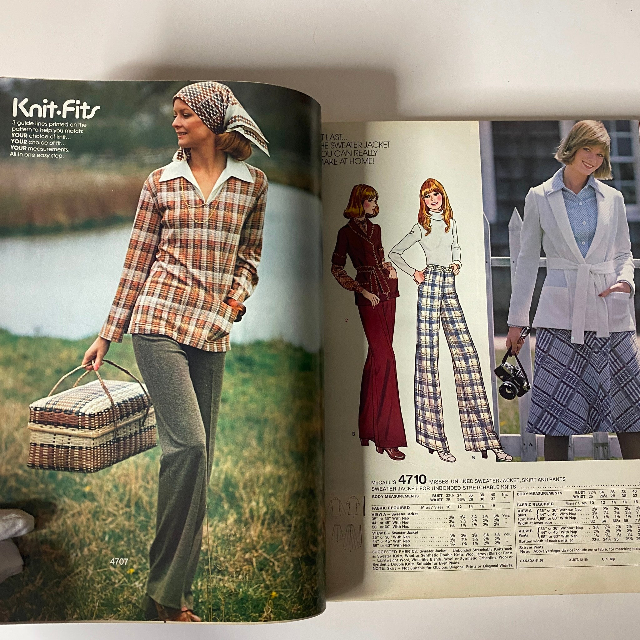 1975 October Carefree Patterns from McCall's Catalog image featuring a model in a knitted top and plaid pants with a stylish sweater jacket, reflecting popular mid-1970s clothing styles.