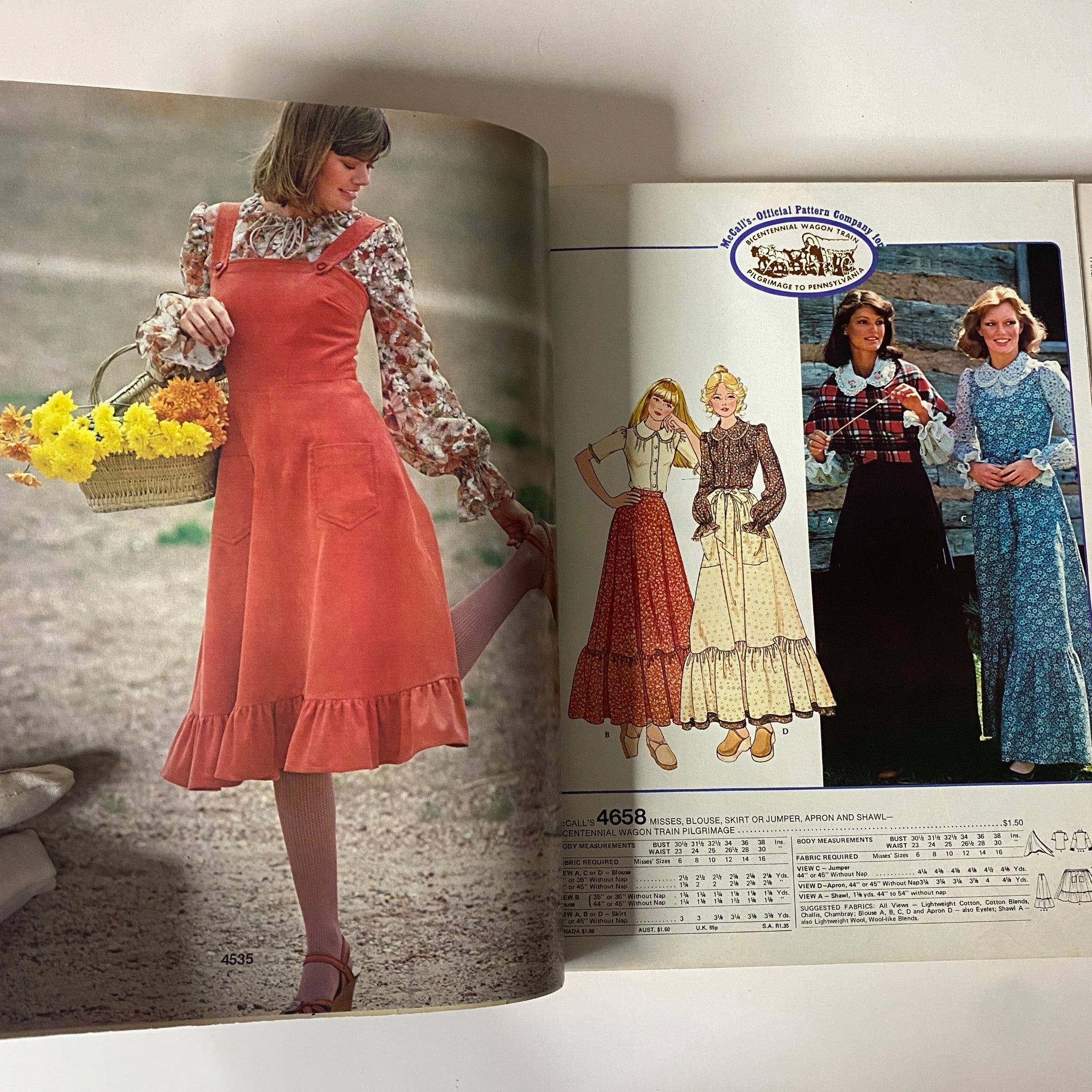 Image from 1975 October Carefree Patterns from McCall's Catalog highlighting a model wearing a vintage jumper and flared skirt alongside illustrated patterns for blouses and dresses from the era.