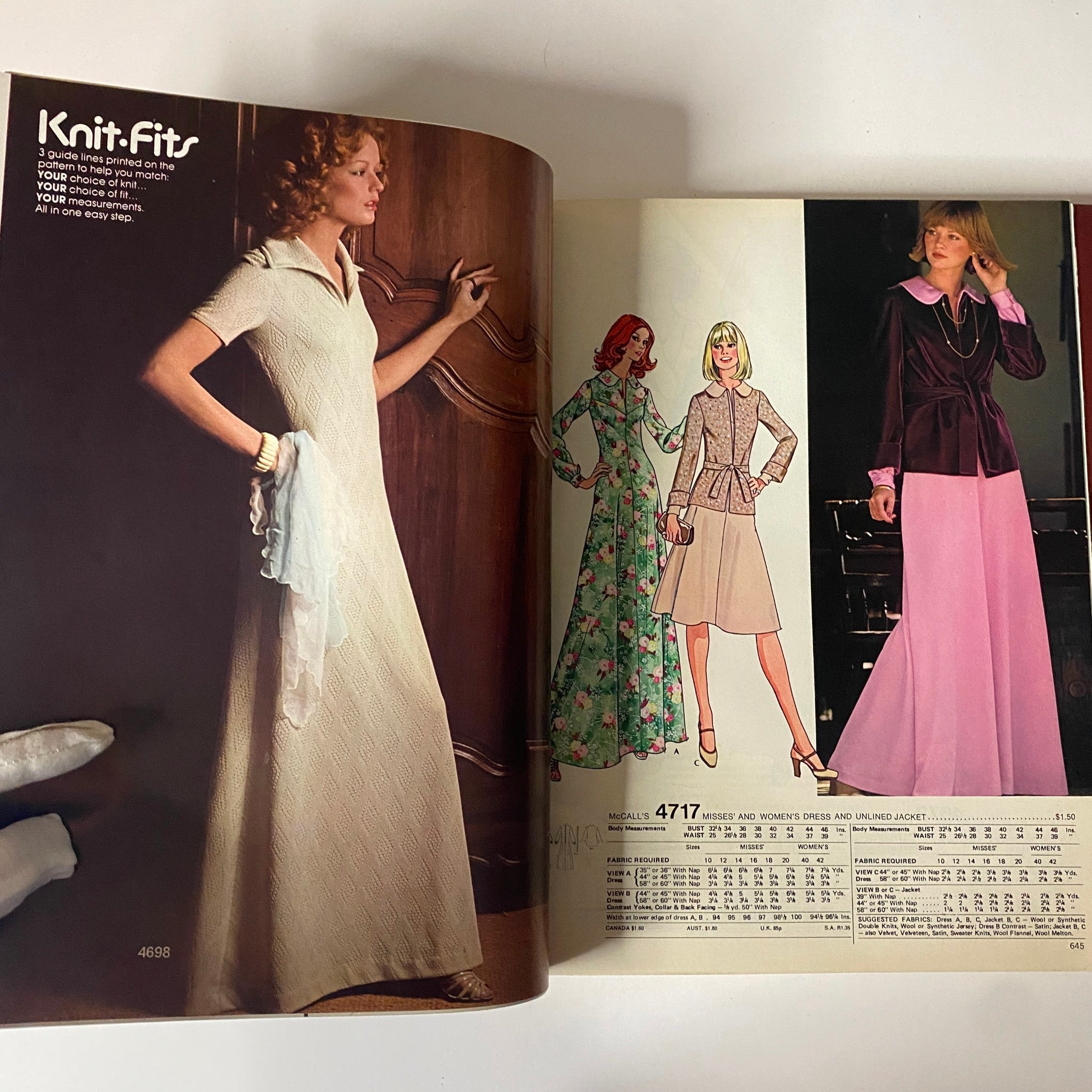1975 October Carefree Patterns from McCall's Catalog showing a model in an elegant knitted dress and offering illustrations for dresses and jackets, exemplifying 1970s fashion aesthetics.