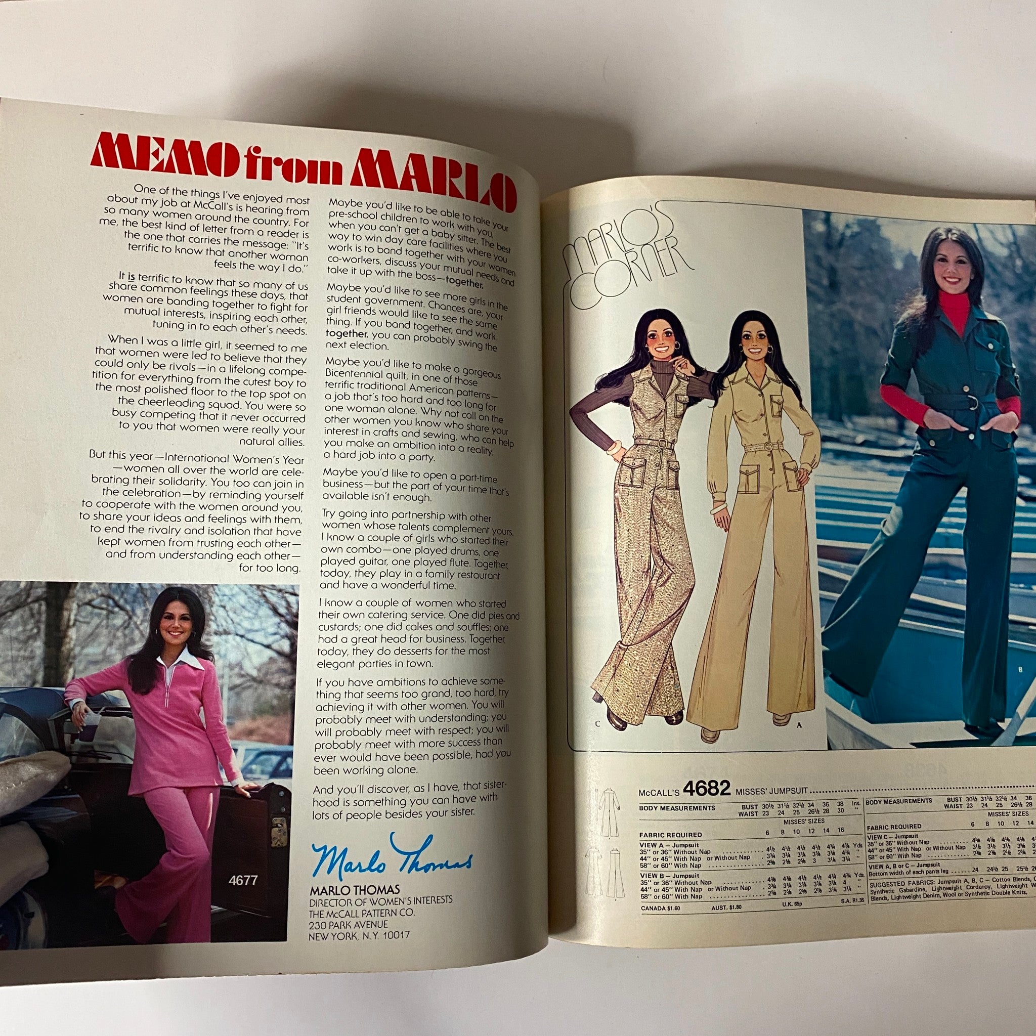 Image from 1975 October Carefree Patterns from McCall's Catalog, featuring a memo from Marlo Thomas along with a photograph of models in stylish jumpsuits, showcasing contemporary 1970s trends in women's fashion.