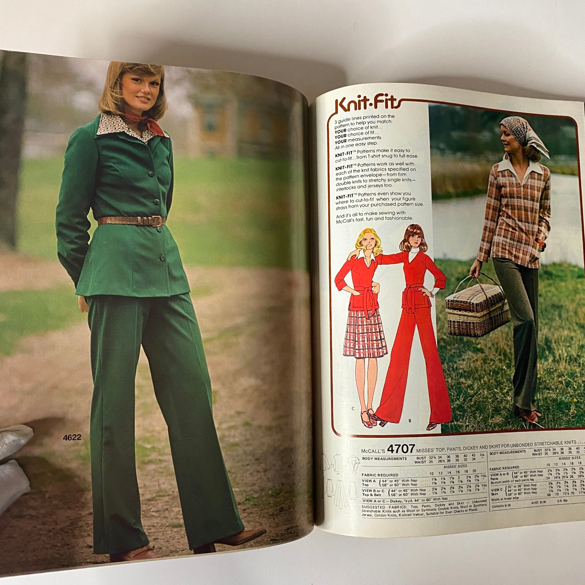 1975 October Carefree Patterns from McCall's - Image showcasing two women wearing mid-1970s fashion styles, including a green suit and plaid attire, from a McCall's sewing catalog.