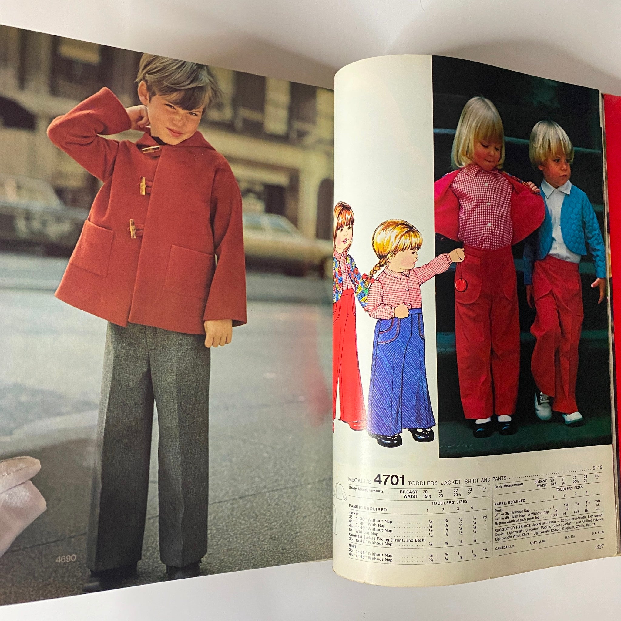 1975 October Carefree Patterns from McCall's - Image of children in playful outfits featuring a red coat and casual pants, illustrating toddler fashion designs from the McCall's catalog.