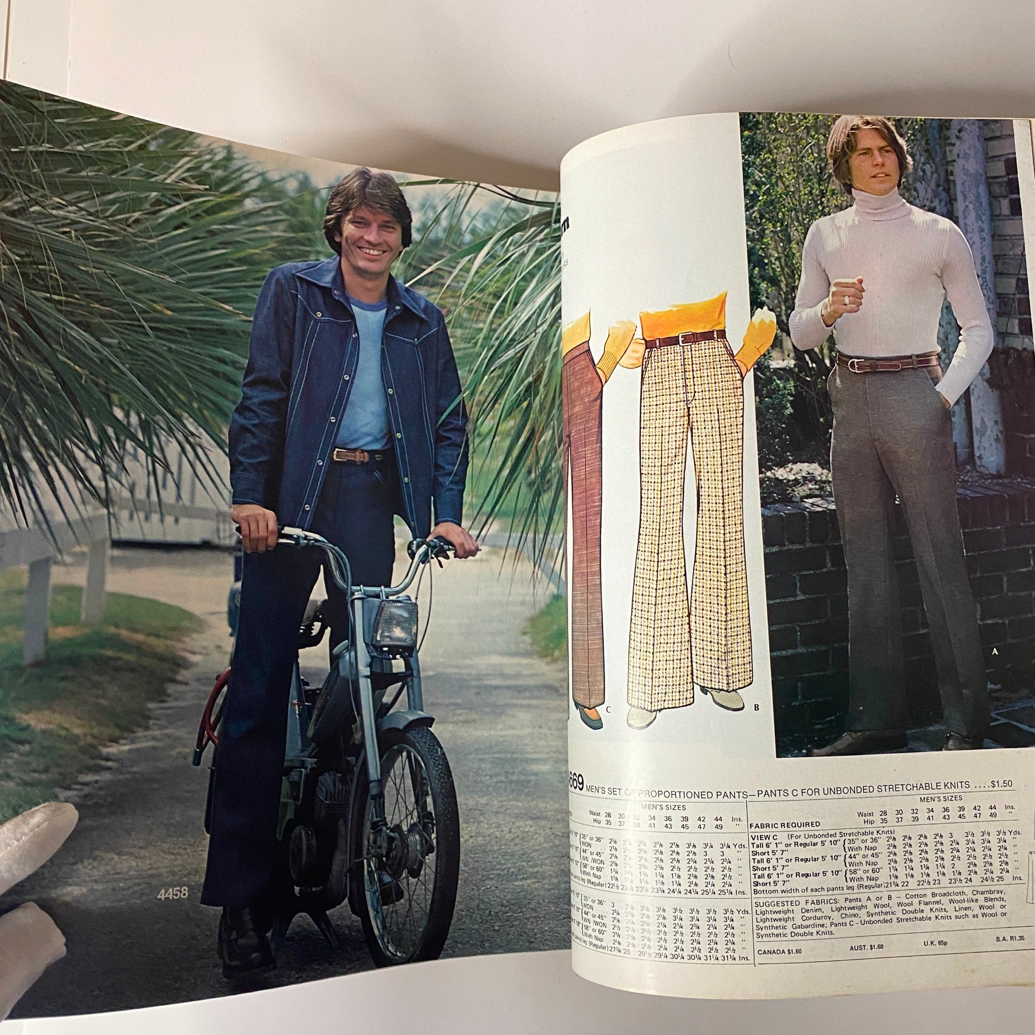 1975 October Carefree Patterns from McCall's Huge Store Retail Counter Catalog showcasing a man in casual 1970s fashion on a bicycle, featuring denim attire and a relaxed style.