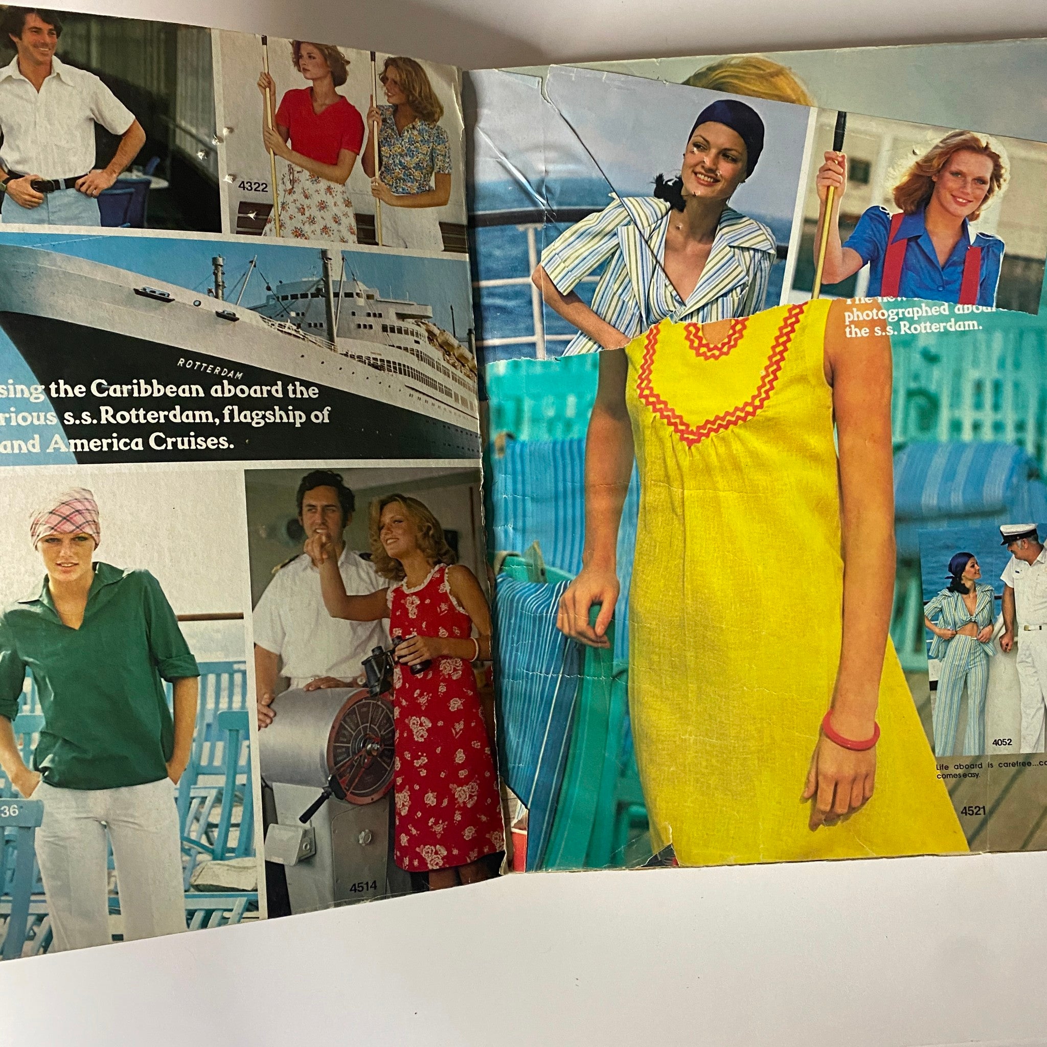 1975 Carefree Patterns McCall's Summer Catalog showcasing colorful summer fashion styles, including dresses, pantdresses, and cruise wear featuring models aboard the s.s. Rotterdam.