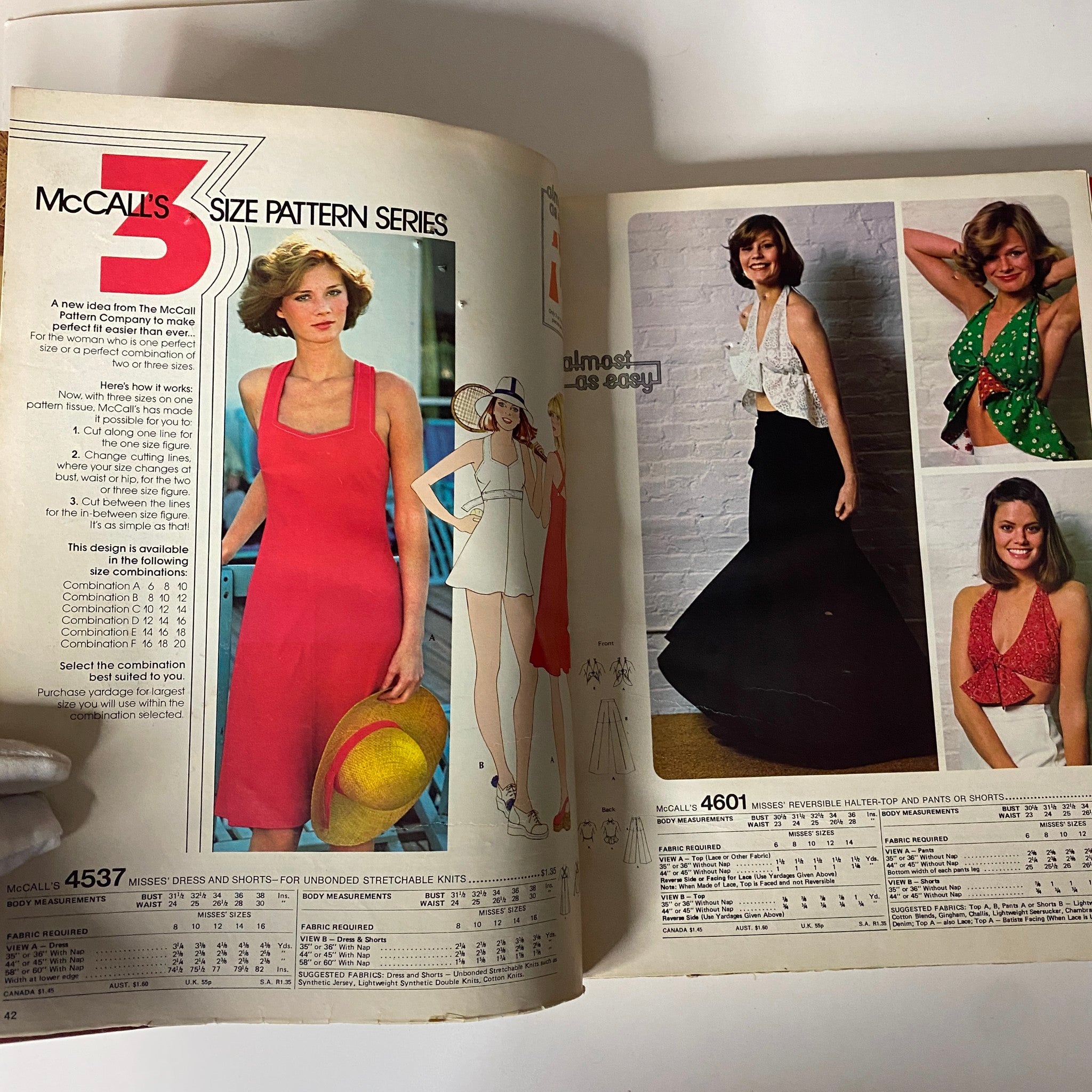 1975 Carefree Patterns McCall's Summer Catalog displaying McCall's size pattern series with stylish swimwear and casual dresses perfect for summer lounging.