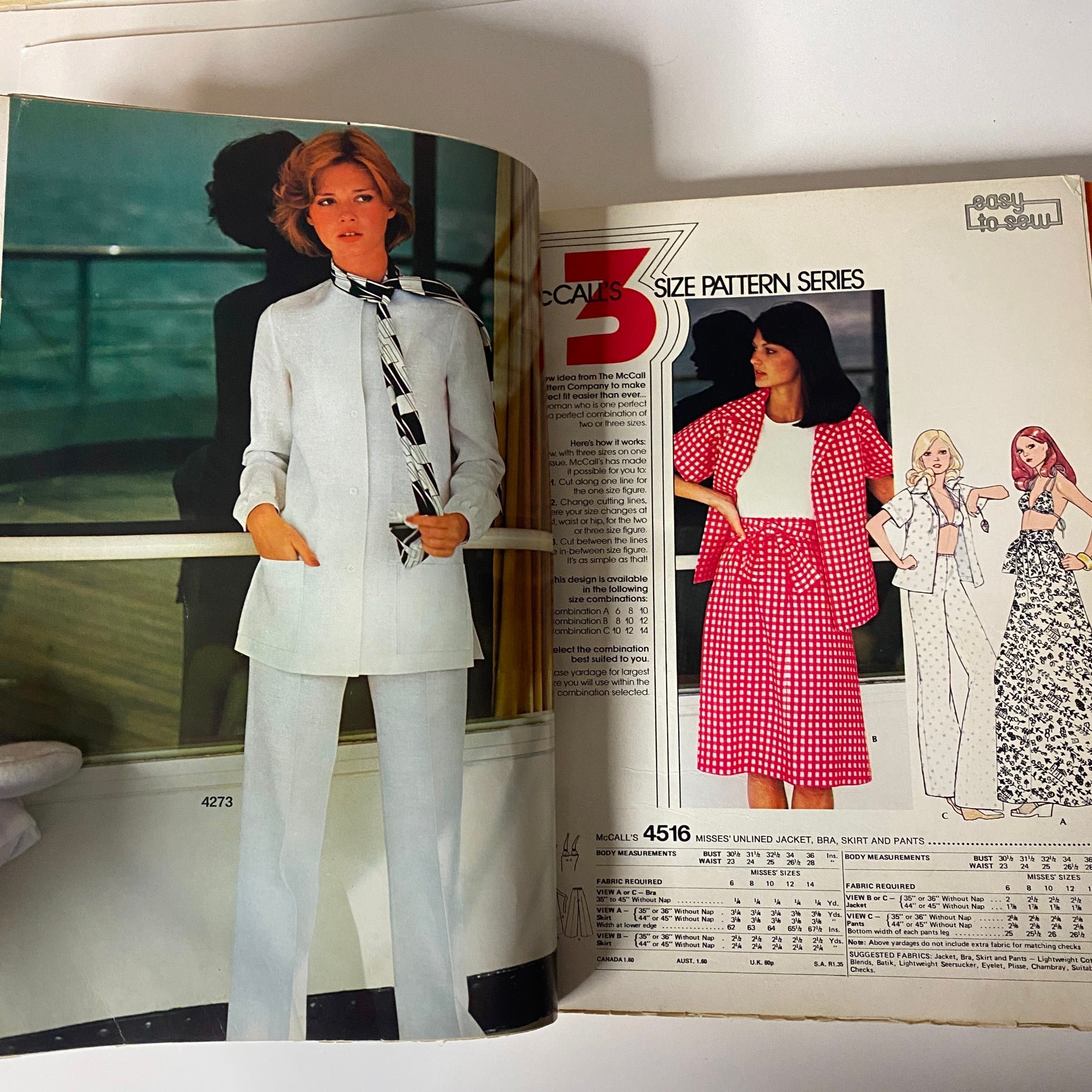 1975 Carefree Patterns McCall's Summer Catalog highlighting a sophisticated white ensemble with a scarf for elegant summer outings, along with a gingham outfit displayed on models.