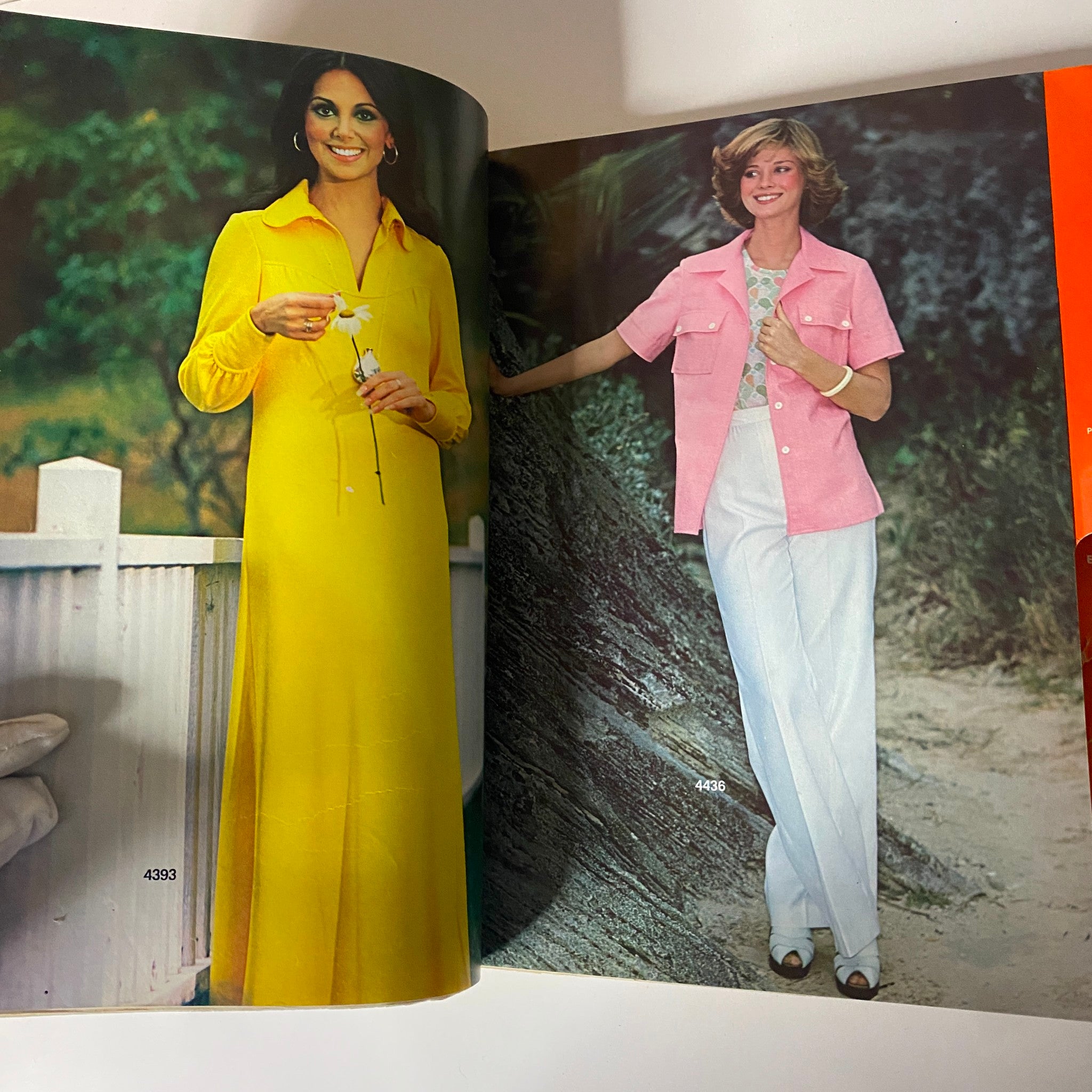 1975 Carefree Patterns McCall's Summer Catalog showcasing stylish women's summer dresses, including a yellow maxi dress and a pink short-sleeved top against a natural backdrop.