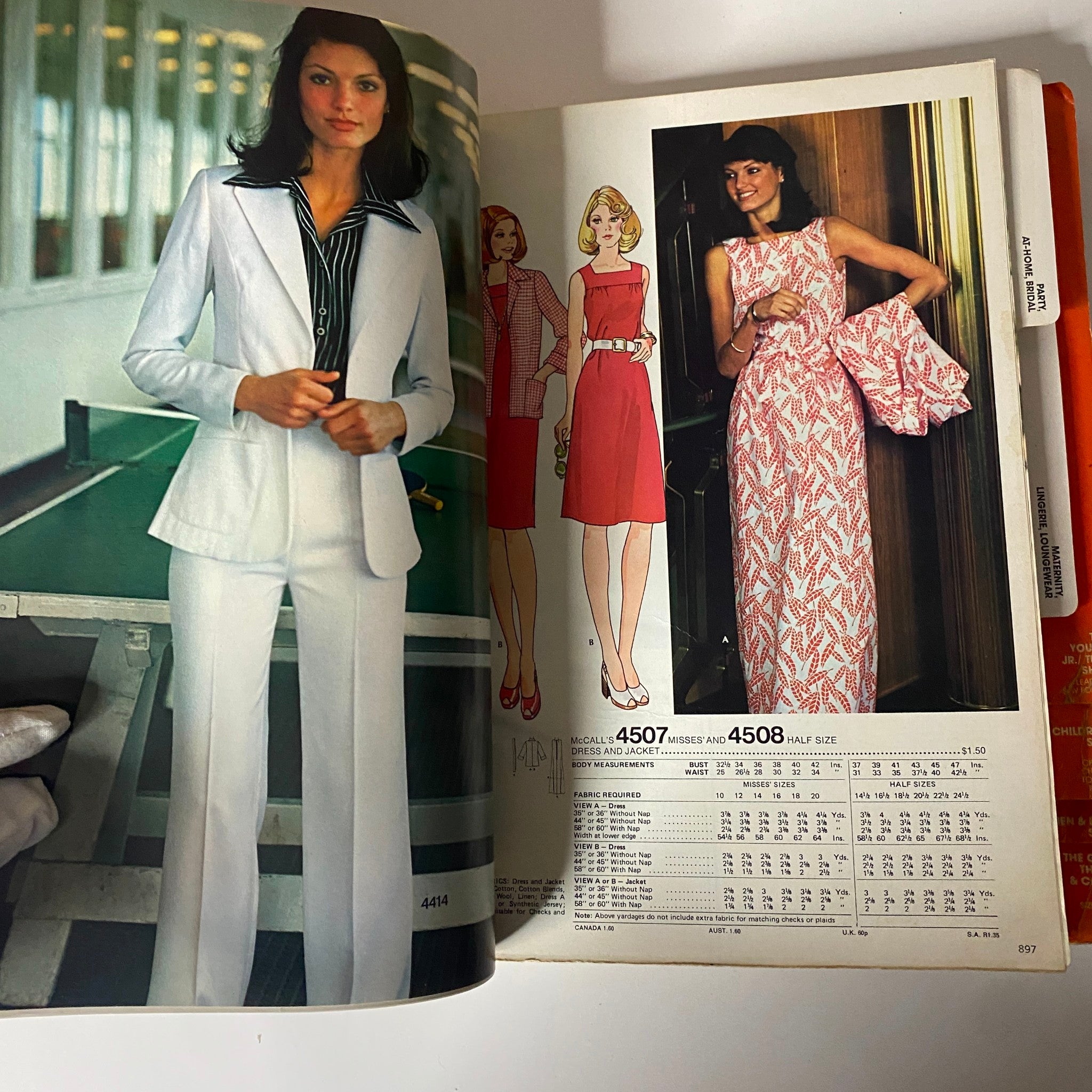 1975 Carefree Patterns McCall's Summer Catalog displaying elegant women's fashion, featuring a tailored white suit and a red dress alongside illustrations of matching patterns.