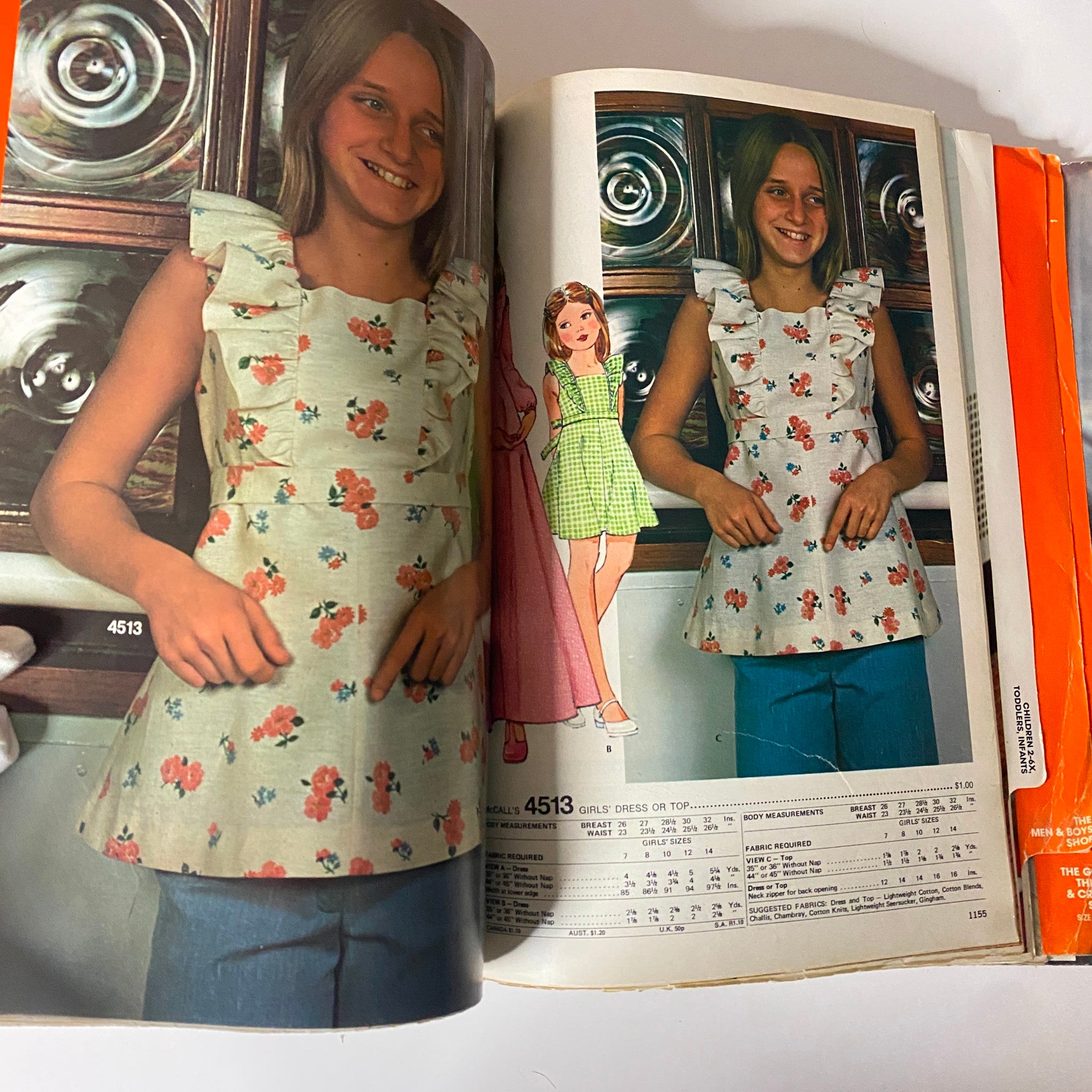 1975 Carefree Patterns McCall's Summer Catalog highlighting vintage children's fashion, featuring a girl wearing a floral top with ruffles and accompanying illustrations of design patterns.