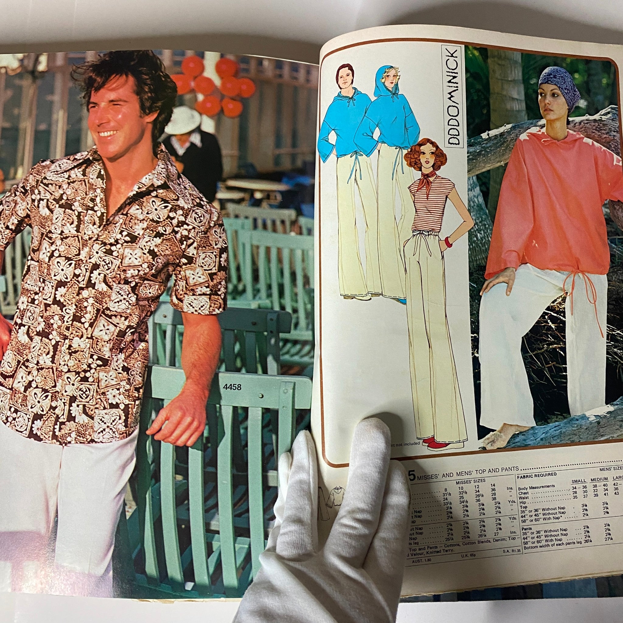 1975 Carefree Patterns McCall's Summer Catalog featuring a stylish man in a patterned shirt and illustrations of trendy men's and women's clothing designs from the summer collection.