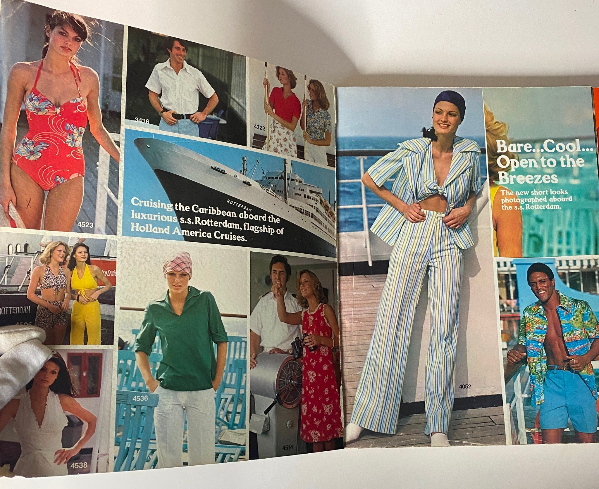 Inside spread of the 1975 June Carefree Patterns McCall's Catalog showcasing fashionable summer clothing styles photographed aboard the ss. Rotterdam.