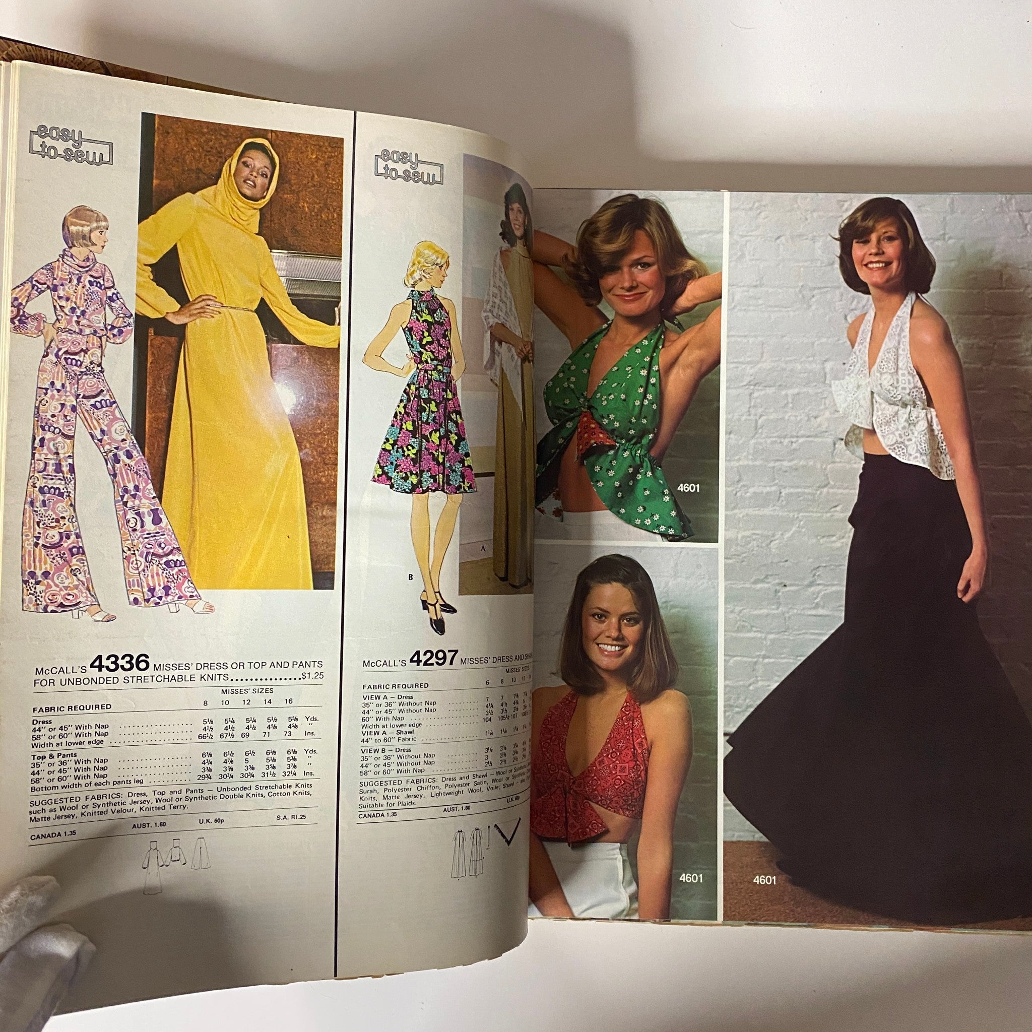 Second inside spread of the 1975 June Carefree Patterns McCall's Catalog displaying various sewing patterns including dresses and tops with stylish models.