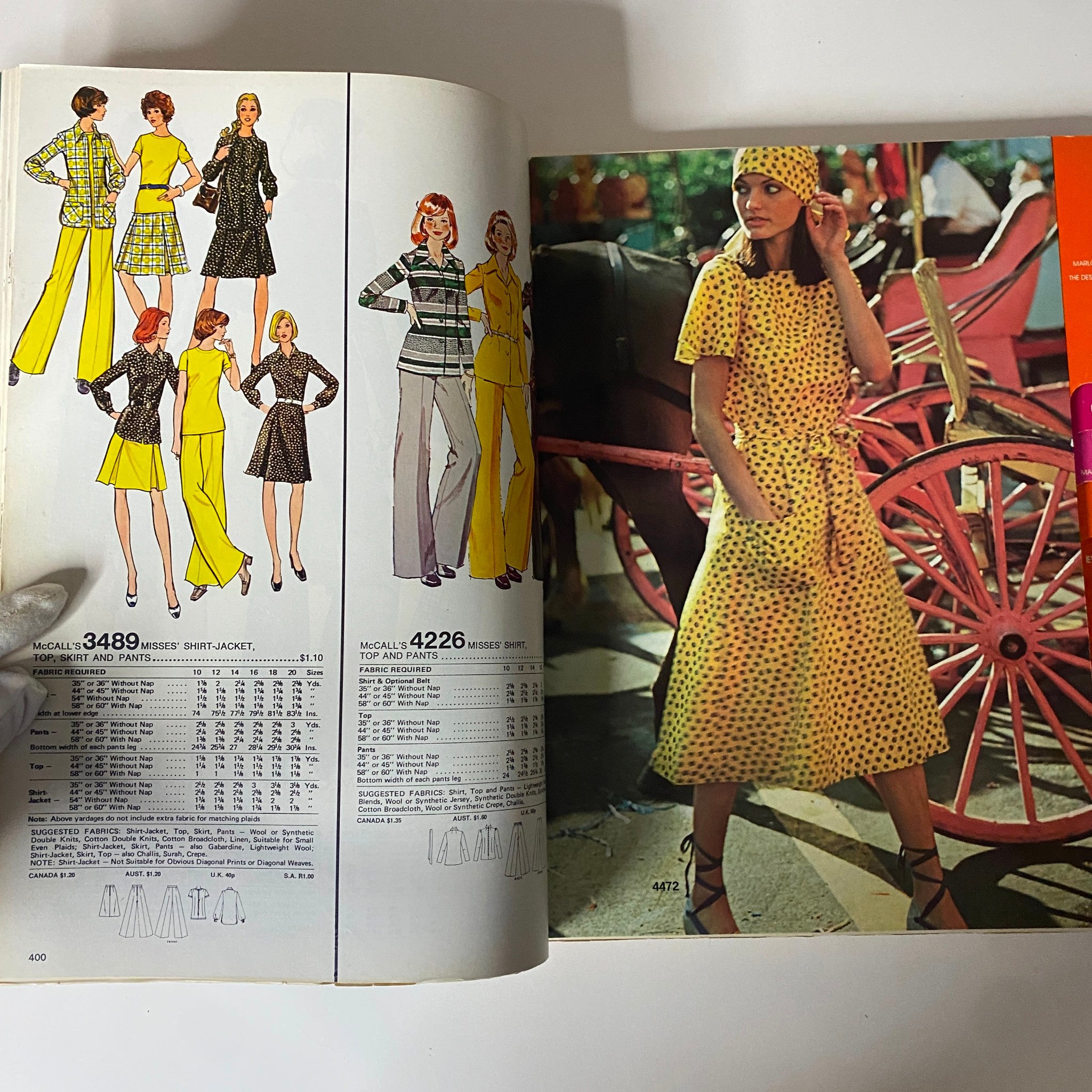 1975 June Carefree Patterns McCall's Catalog featuring fashion illustrations of misses' outfits including a plaid shirt and yellow polka dot dress, exemplifying vintage styles.