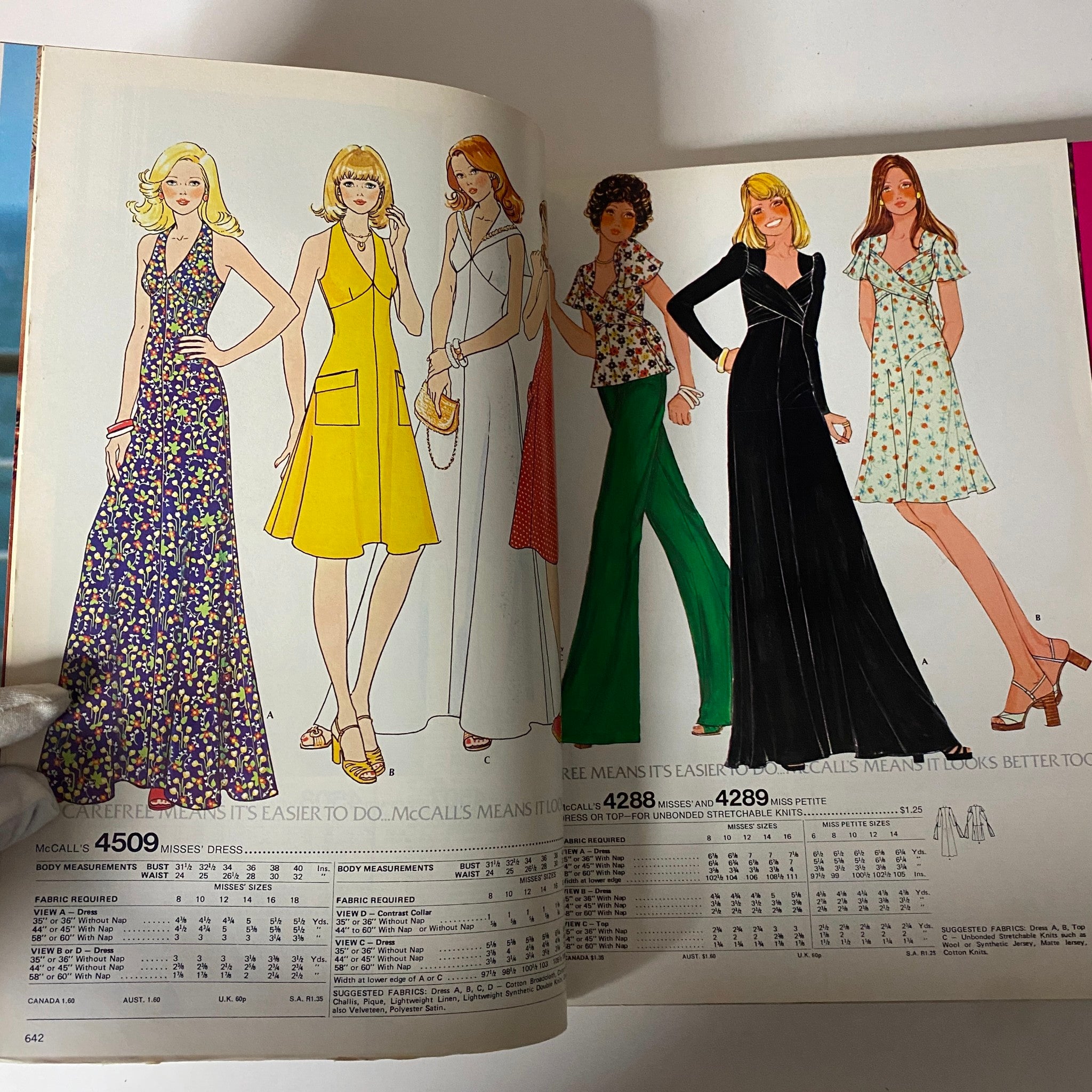 1975 June Carefree Patterns McCall's Catalog displaying various dresses worn by models, showcasing bright colors and floral designs, ideal for summer fashion.