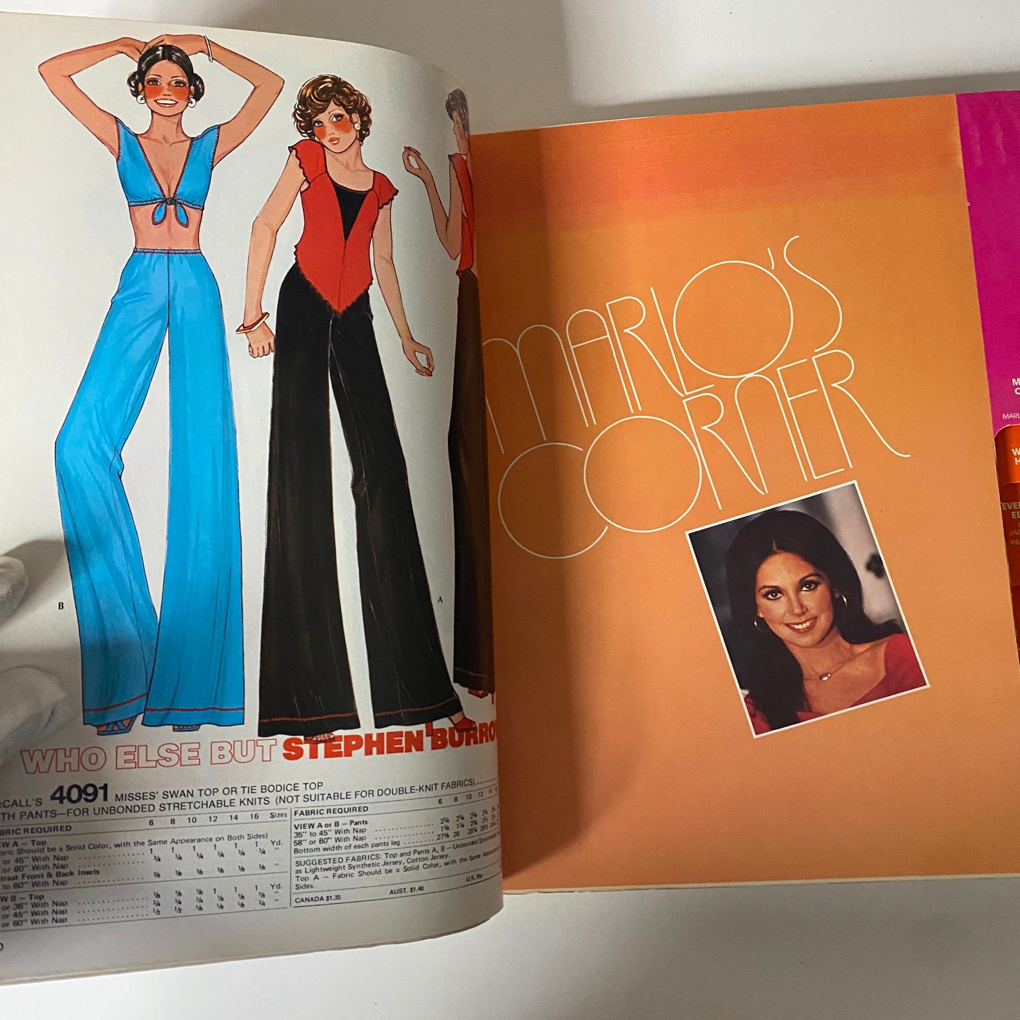 1975 June Carefree Patterns McCall's Catalog with illustrated patterns for casual wear, featuring a blue top and wide-leg pants styles, indicative of the fashion from the 1970s.