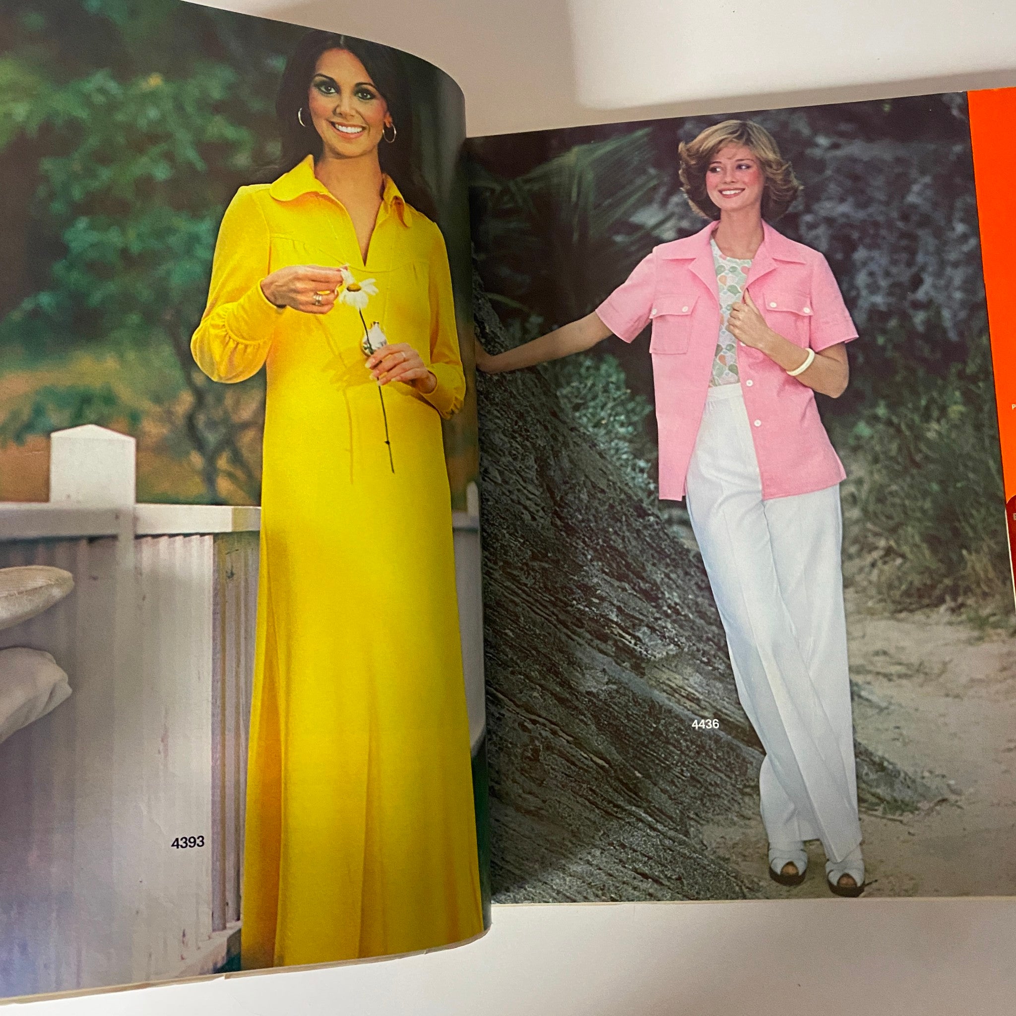 1975 June Carefree Patterns McCall's Catalog showing two women modeling stylish outfits including a yellow long dress and a pink casual shirt, reflecting the essence of summer fashion.