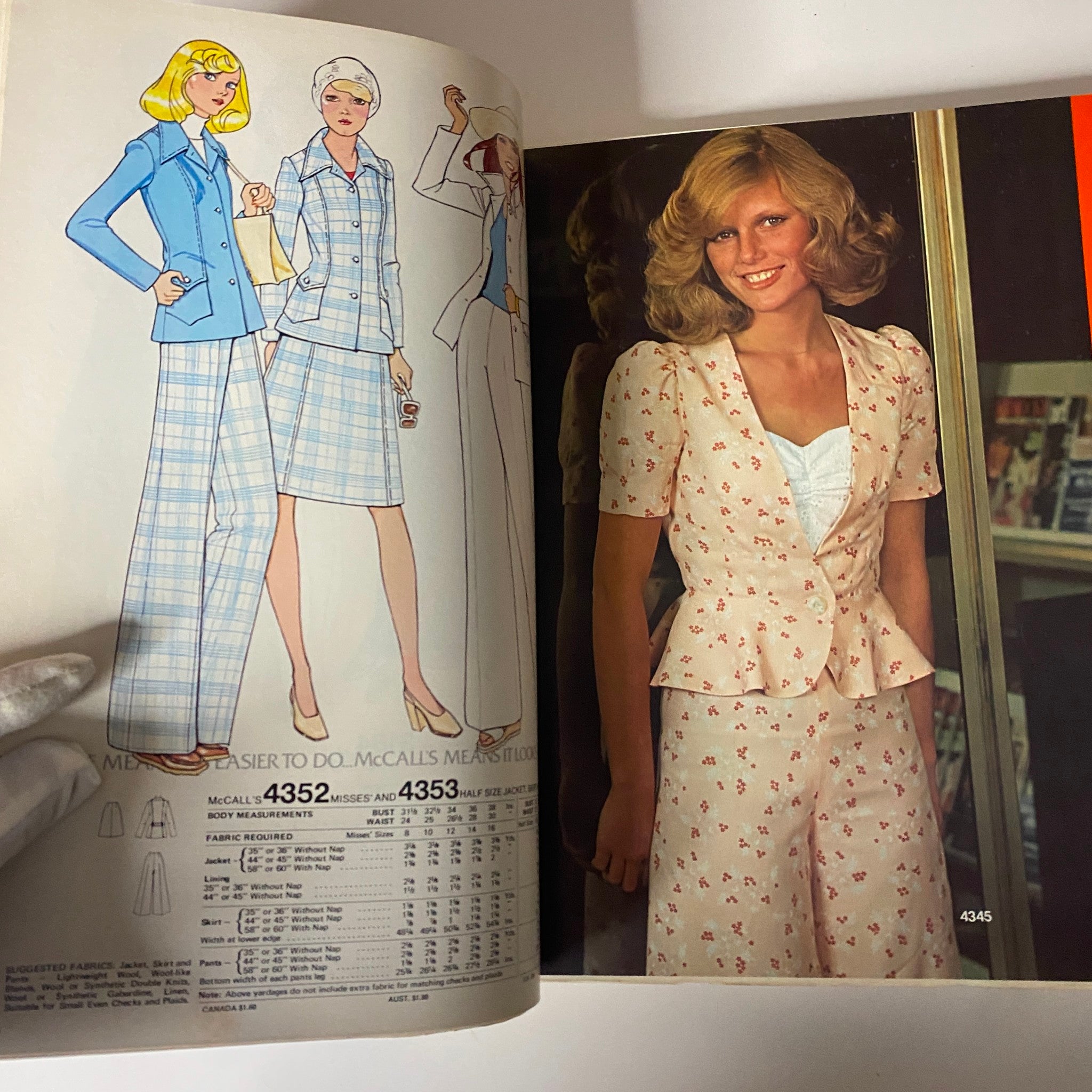 1975 June Carefree Patterns McCall's Catalog featuring illustrations of tailored outfits including a blazer, plaid pants, and a floral peplum outfit.
