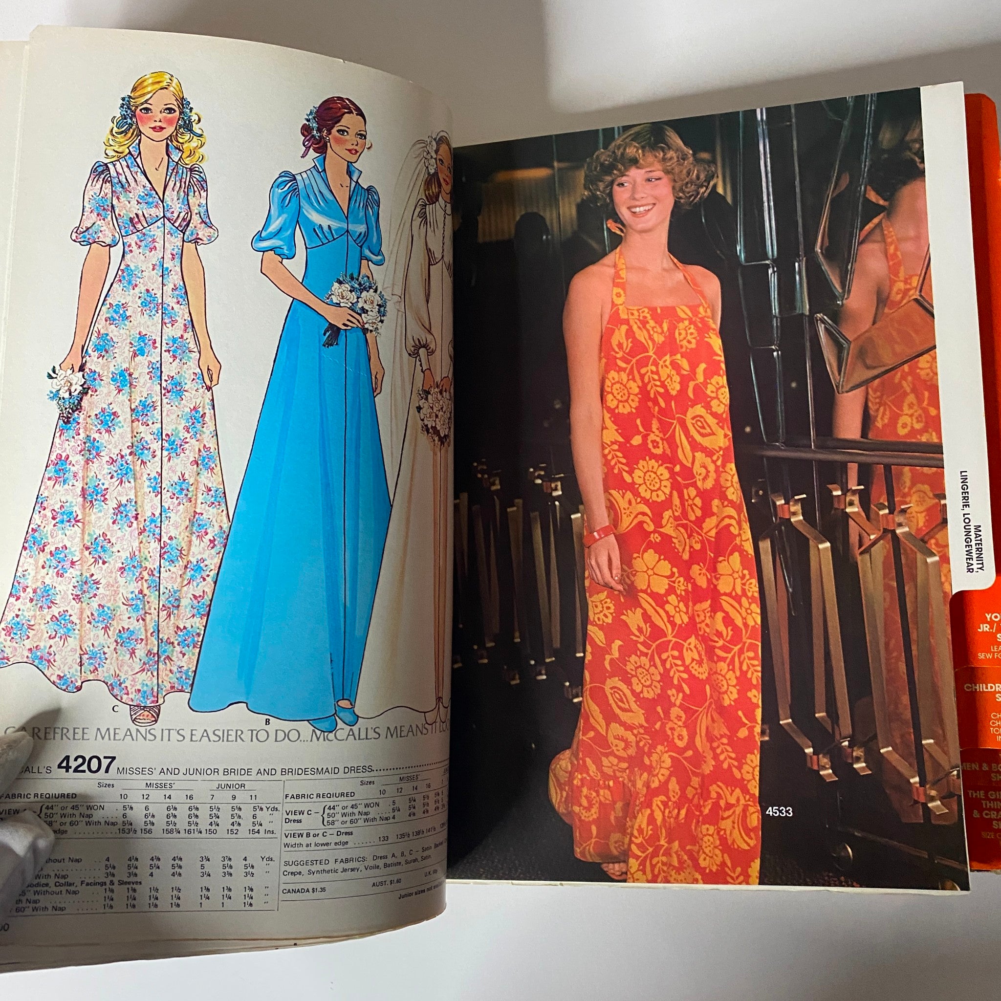 1975 June Carefree Patterns McCall's Catalog showcasing bridesmaid and evening dresses, with models displaying colorful and floral designs.