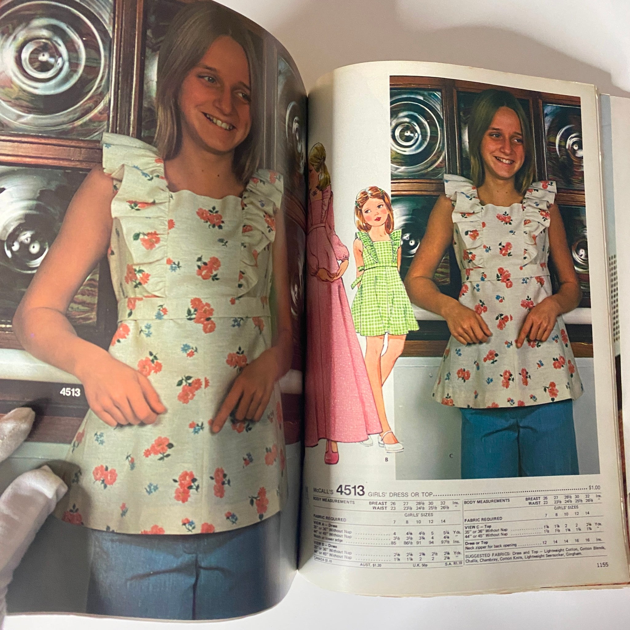 1975 June Carefree Patterns McCall's Catalog featuring a young girl modeling a ruffled floral top alongside a classic dress illustration.