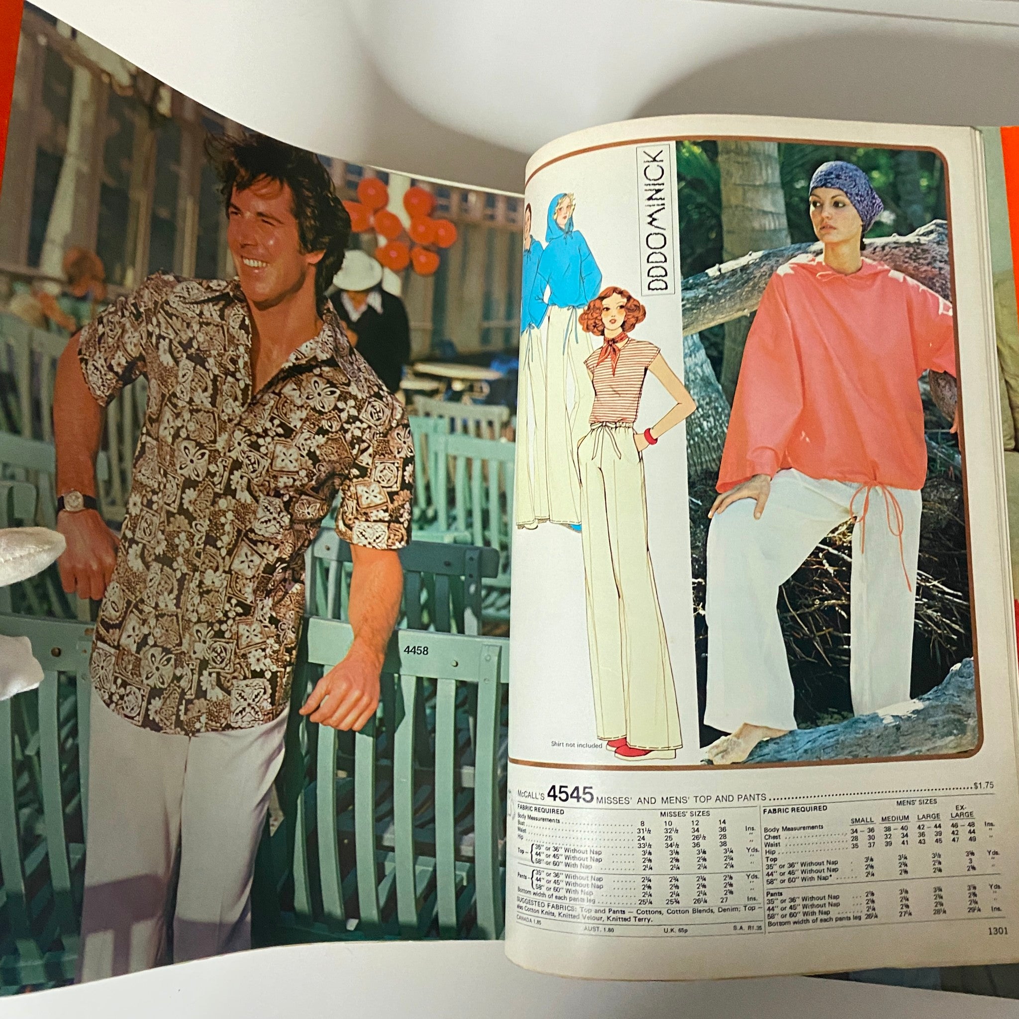 1975 June Carefree Patterns McCall's Catalog displaying men's casual wear with a model in a printed shirt and illustrations of matching tops and pants.