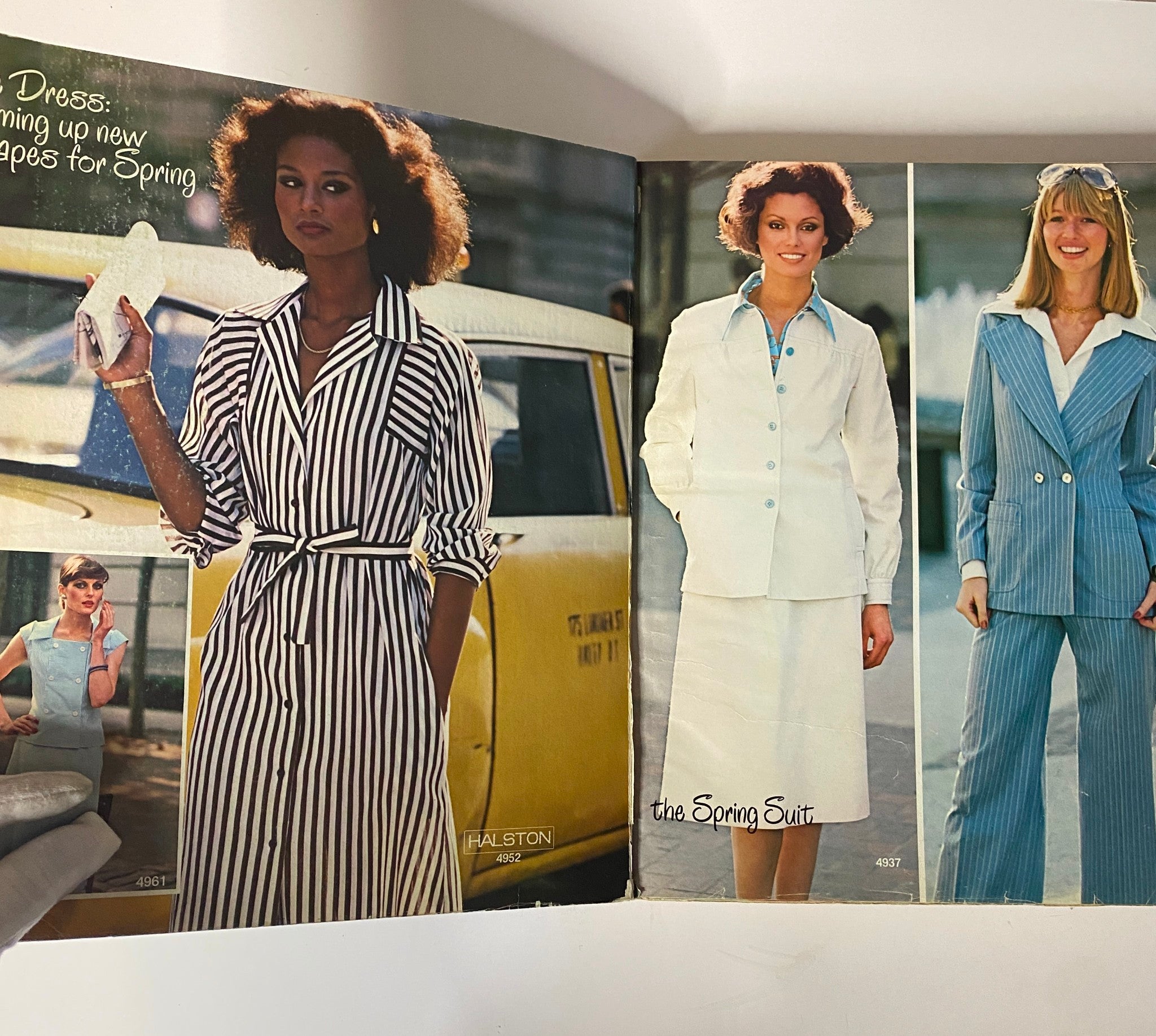 Interior pages of the 1976 April Carefree Patterns McCall's Spring Catalog displaying models in stylish spring outfits, highlighting patterns for contemporary fashion.