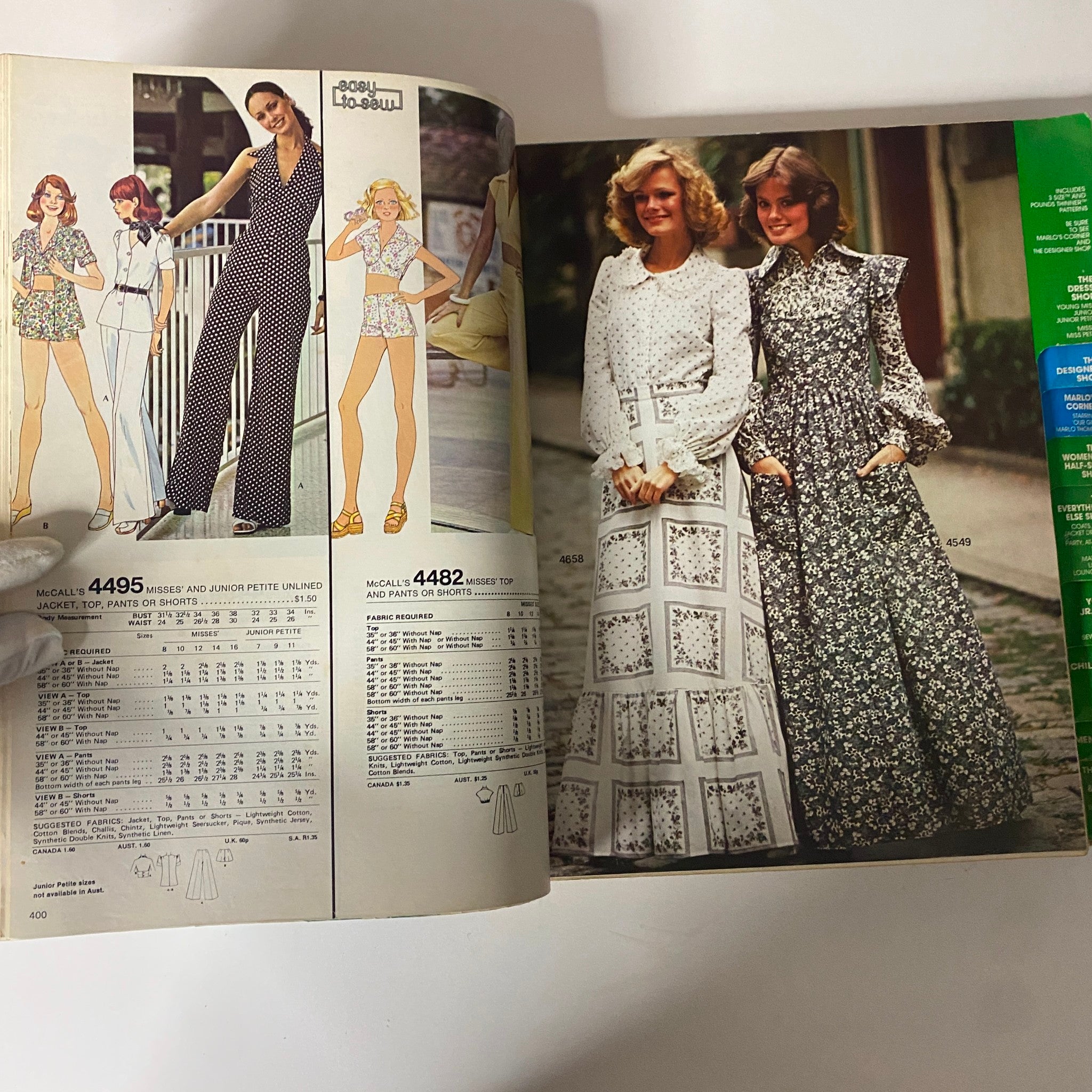 1976 April Carefree Patterns McCall's Spring Huge Store Retail Counter Catalog featuring multiple easy-to-sew patterns for women's dresses, jumpsuits, and casual outfits typical of the vibrant 1970s look.