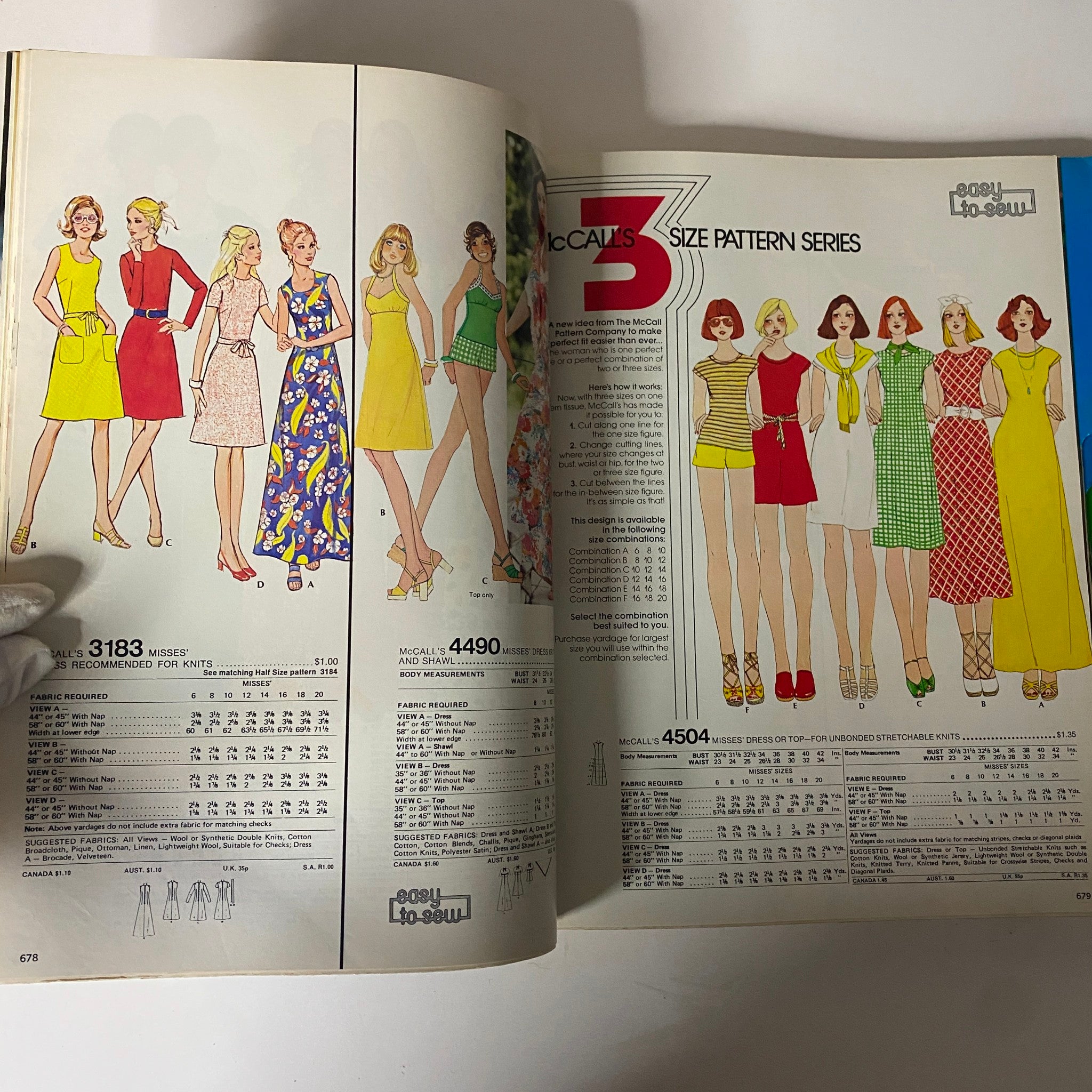 1976 April Carefree Patterns McCall's Spring Huge Store Retail Counter Catalog displaying a selection of sewing patterns for dresses and coordinating ensembles, highlighting retro styles from the 1970s.