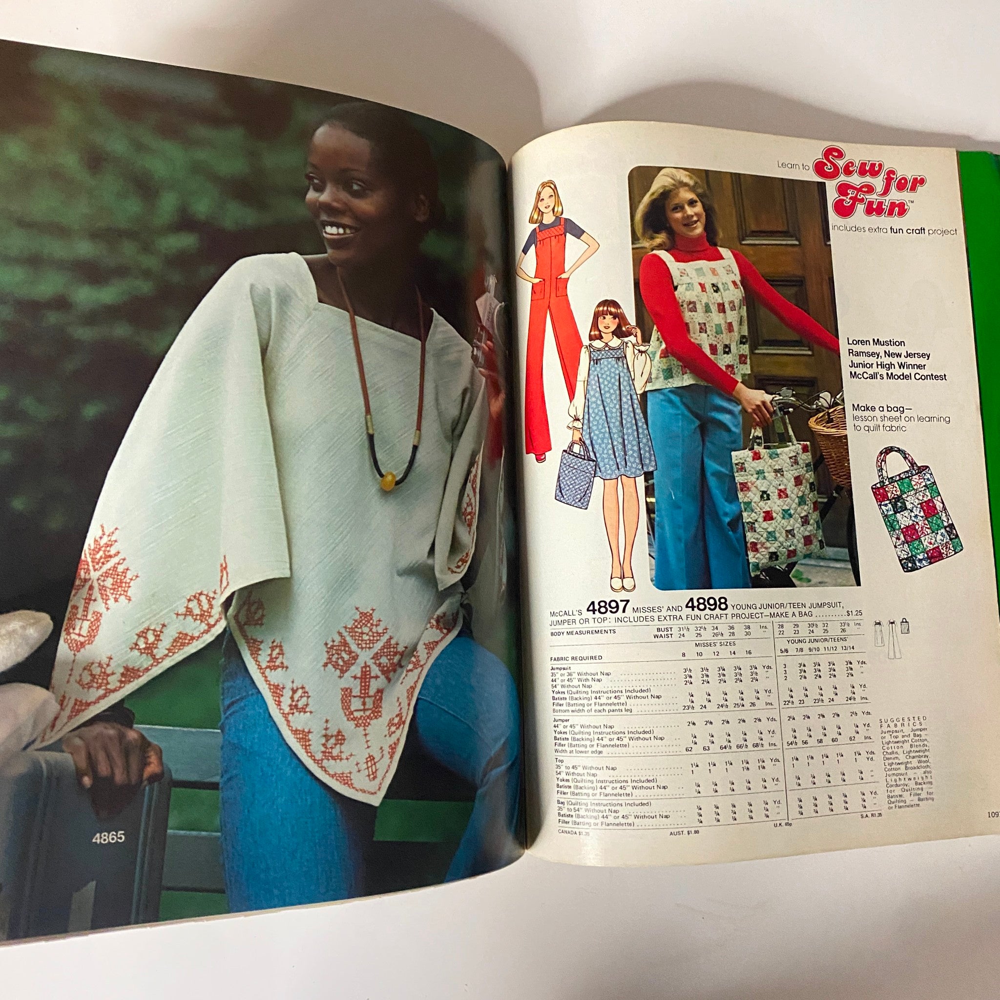 1976 April Carefree Patterns McCall's Spring Catalog image featuring a woman wearing a stylish poncho with colorful embroidery, showcasing mid-1970s fashion.