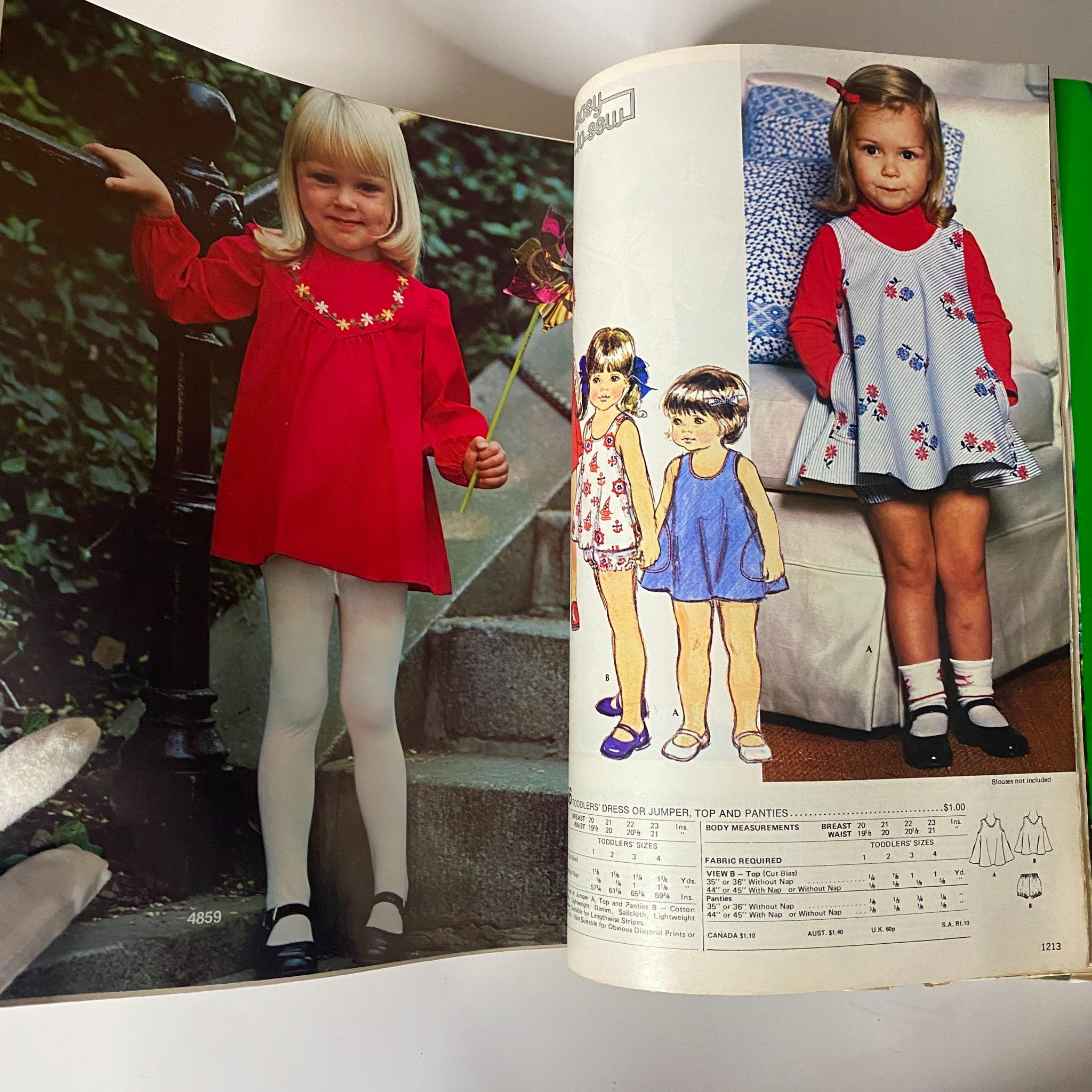 1976 April Carefree Patterns McCall's Spring Catalog image showing two young girls in vintage 1970s summer dresses, demonstrating playful fashion styles popular in the era.