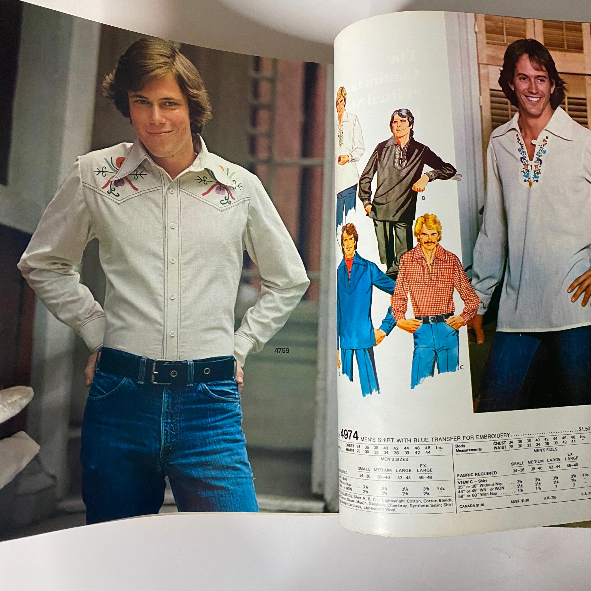 1976 April Carefree Patterns McCall's Spring Catalog image of a young man modeling a vintage Western-style shirt, highlighting '70s male fashion trends.
