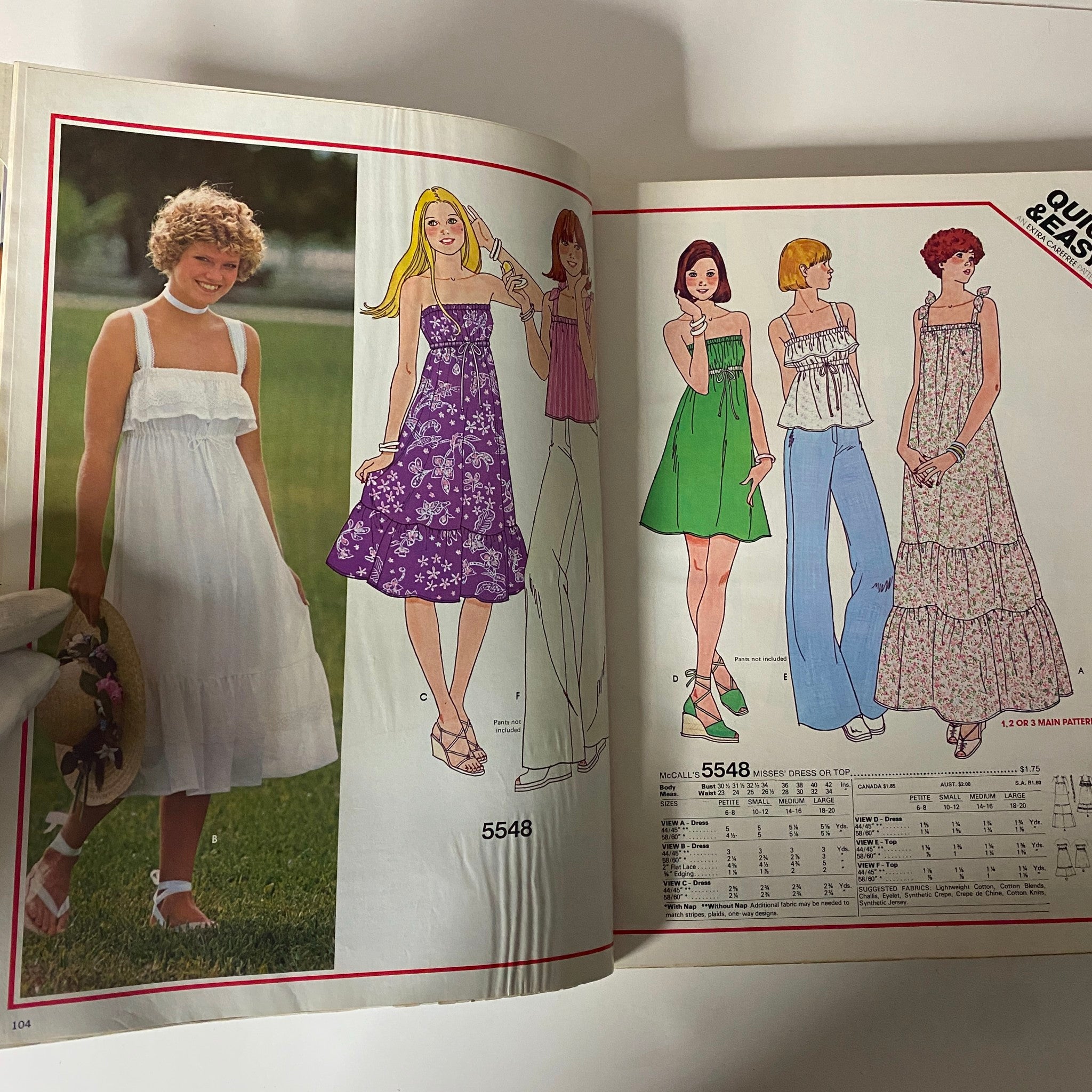 Illustration from the 1977 July Carefree Patterns McCall's Summer Catalog, featuring stylish options for summer dresses and pants, reflecting the fashion trends of the late 1970s.