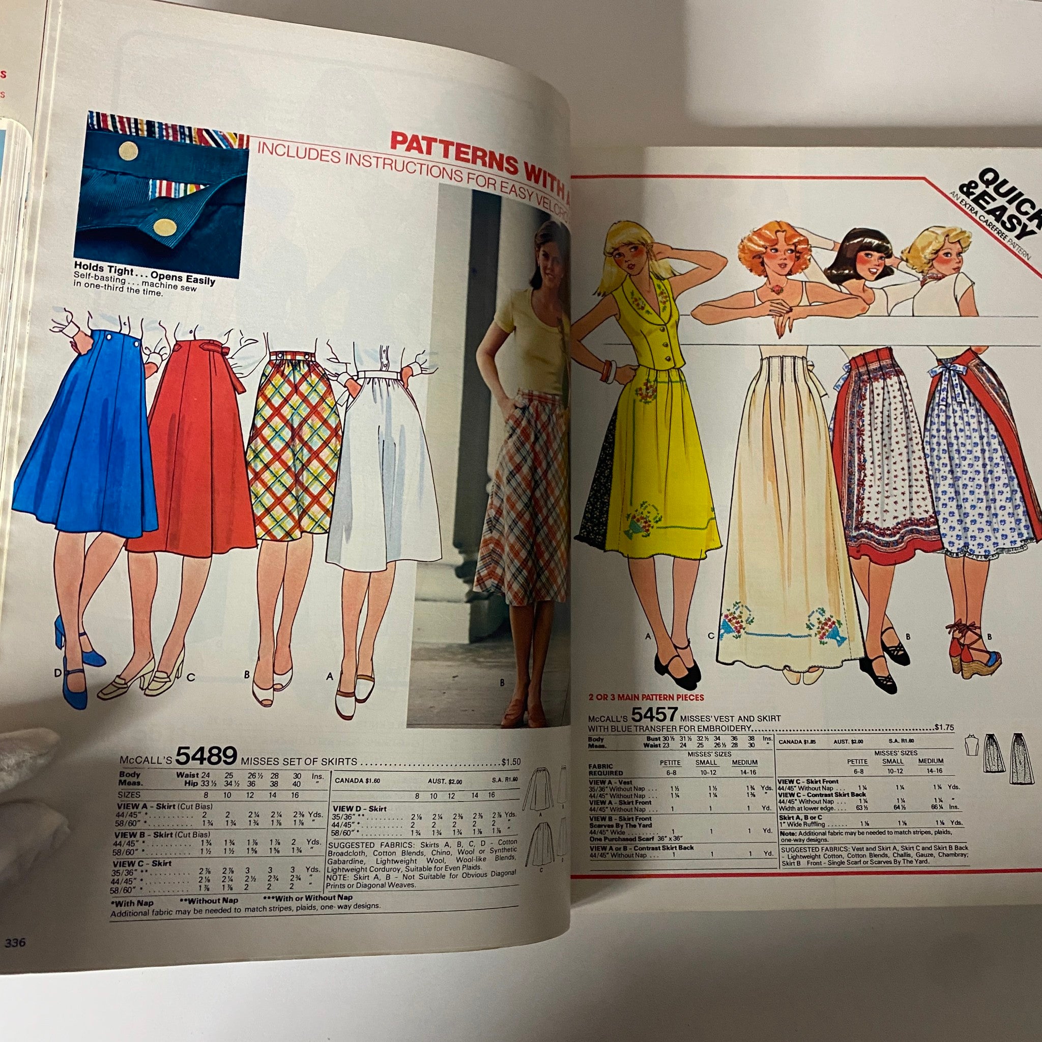 1977 July Carefree Patterns McCall's Summer Catalog showcasing sewing patterns for skirts, dresses, and blouses including Misses’ and Junior dresses. Vintage fashion aesthetic with illustrated designs.