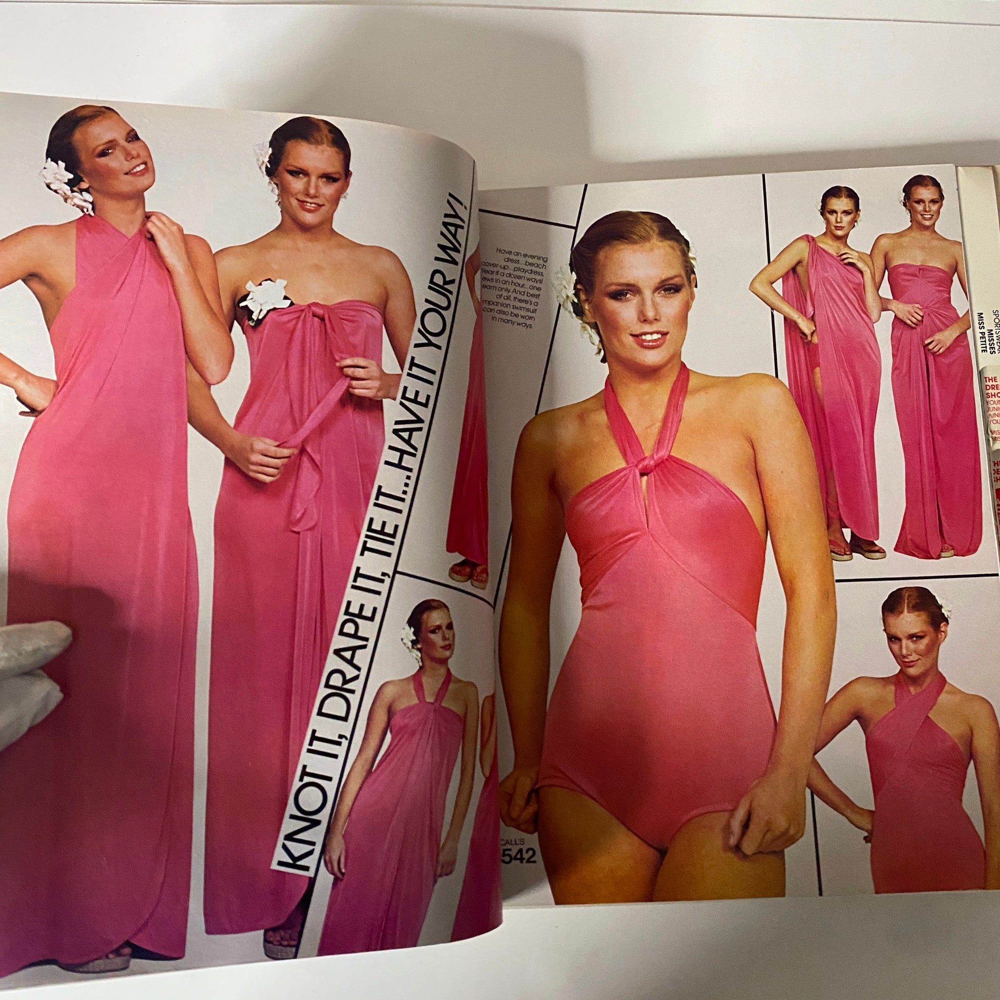 1977 July Carefree Patterns McCall's Summer Catalog featuring a range of sewing patterns for stylish pink dresses and swimwear. Highlighting versatility in fashion design from the 1970s.