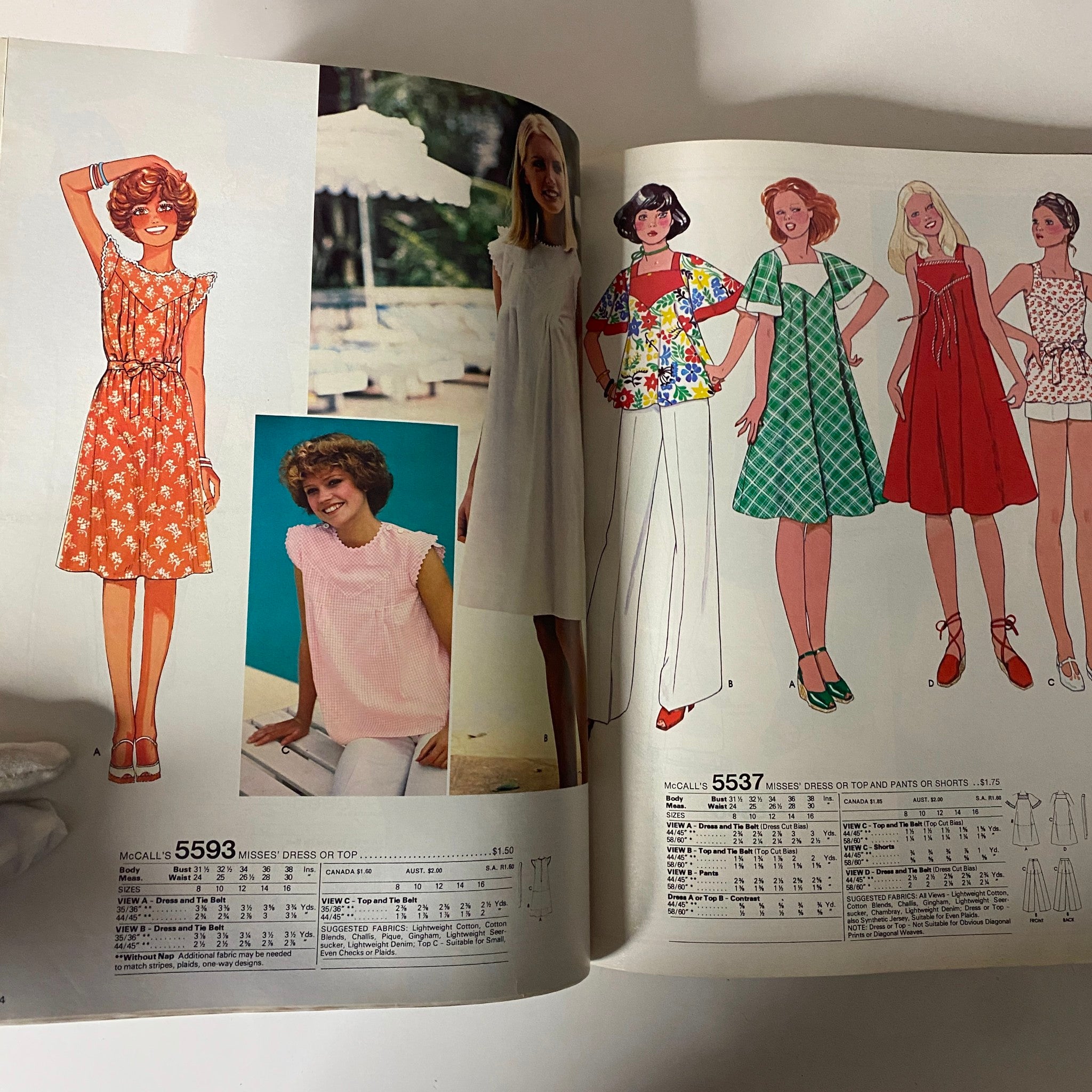 1977 July Carefree Patterns McCall's Summer Catalog illustrating a variety of vintage dresses and tops, suitable for summer wear. Capturing the essence of 1970s fashion trends.