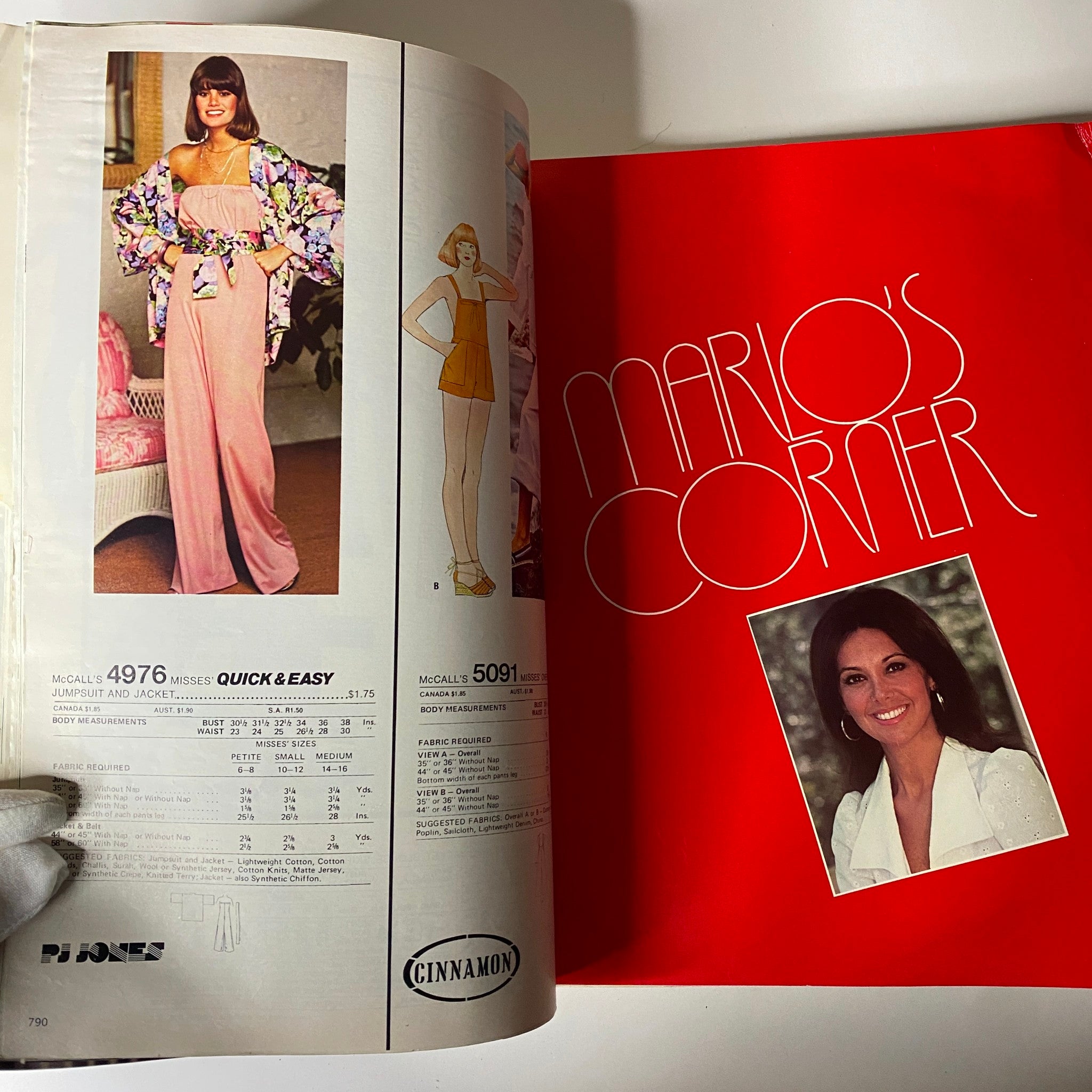 1970s June Carefree Patterns from McCall's Huge Store Retail Counter Catalog featuring Misses' jumpsuit and jacket design, catalog page showcasing vintage fashion styles.