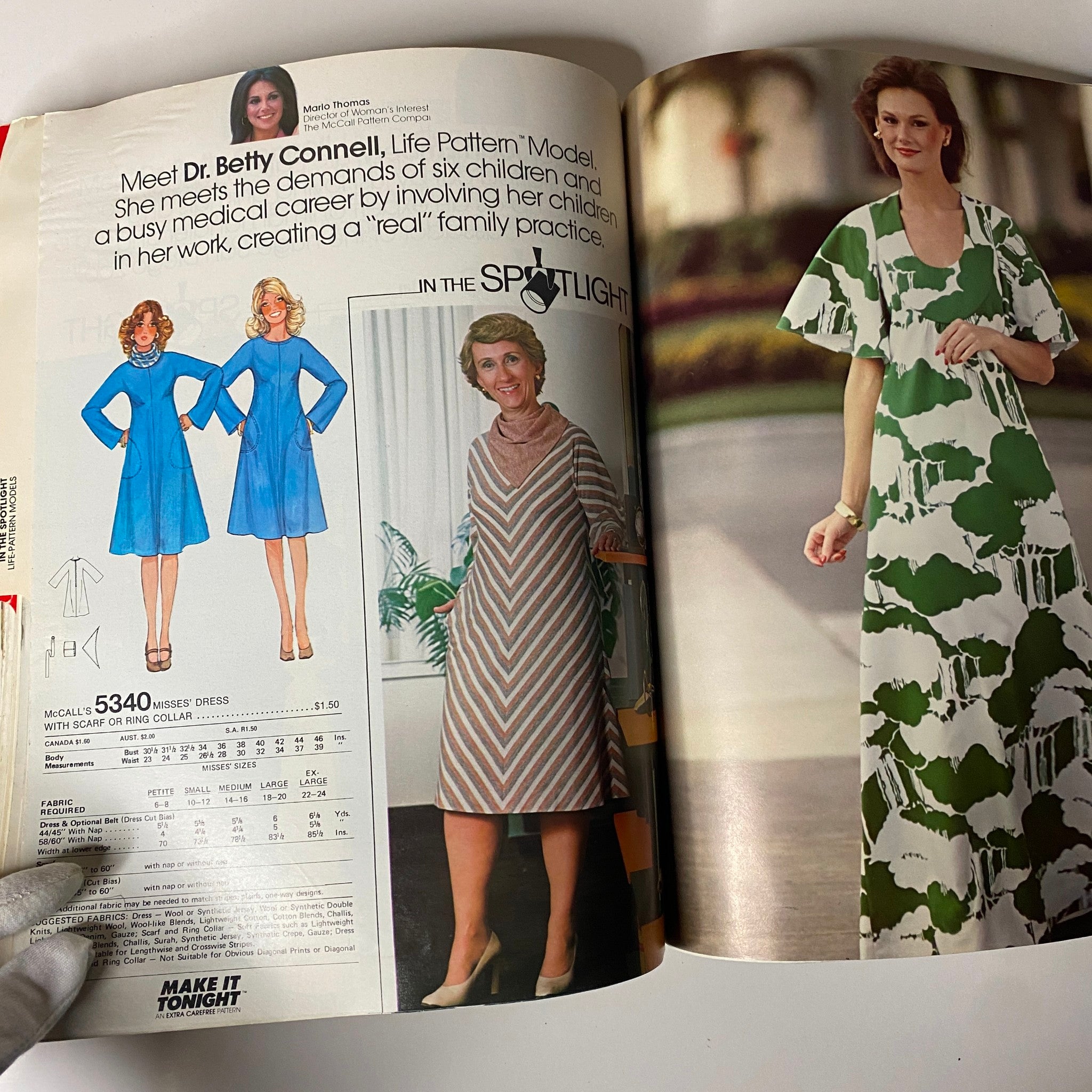 1970s June Carefree Patterns from McCall's Huge Store Retail Counter Catalog highlighting Dr. Betty Connell as a model, with stylish Misses' dress patterns displayed.