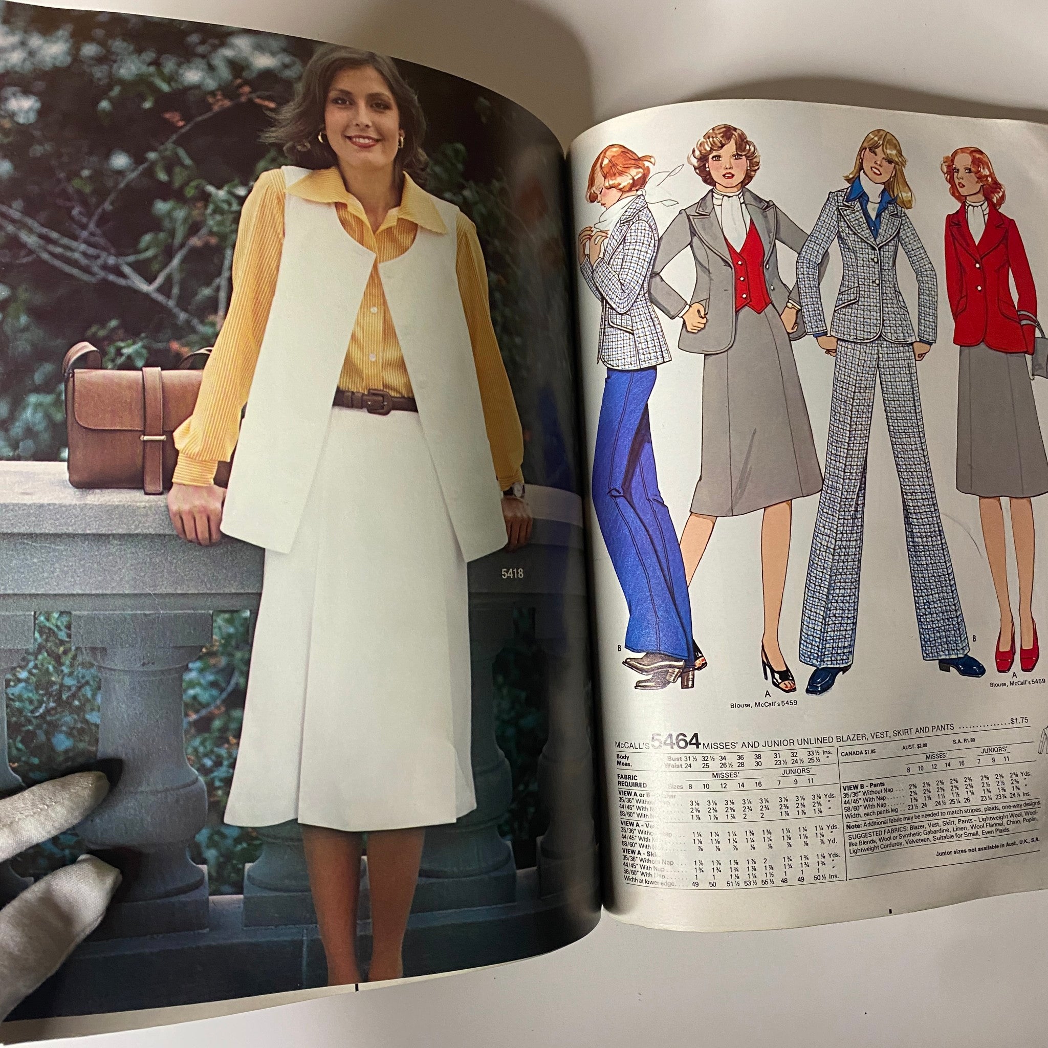 1970s June Carefree Patterns from McCall's Huge Store Retail Counter Catalog featuring a fashionable ensemble including a tailored vest and coordinated outfits for women.