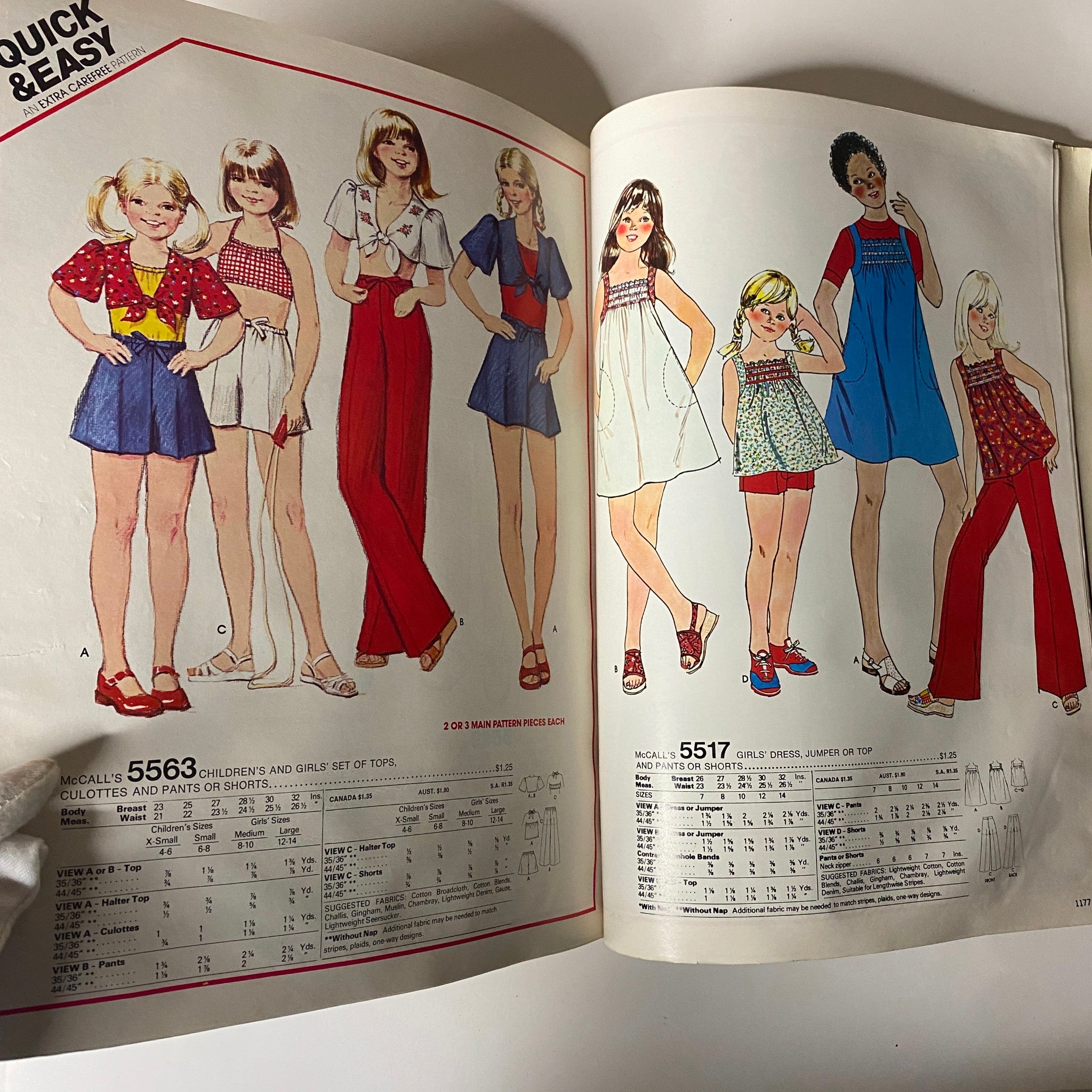 1970s June Carefree Patterns from McCall's Huge Store Retail Counter Catalog presenting children's and girls' patterns set, including vibrant summer outfits and styles.