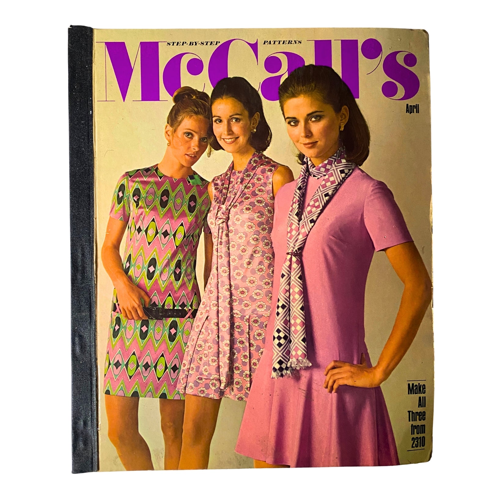 1960s April McCall's Step-by-Step Pattern Catalog cover featuring three models showcasing vibrant dresses and scarves.