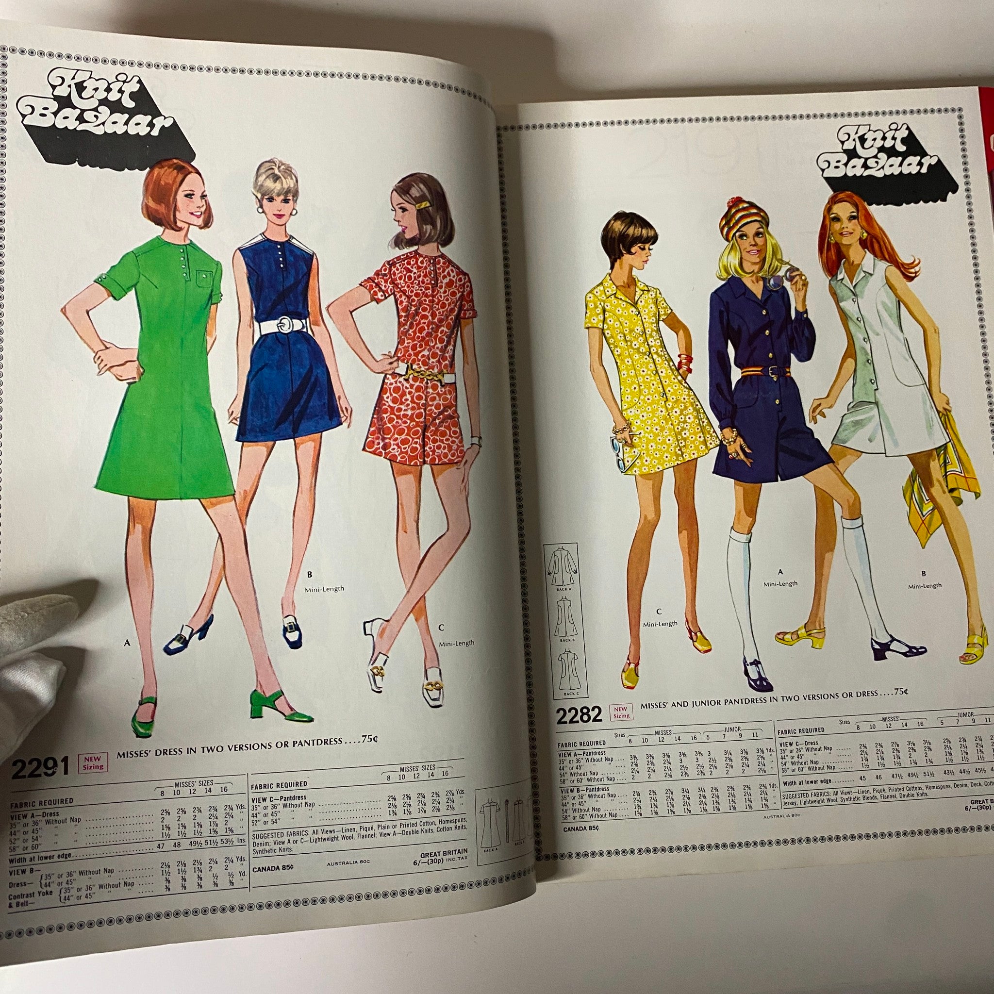 Another interior page of the 1960s April McCall's Step-by-Step Pattern Catalog featuring fashion illustrations of various dresses and pant styles.