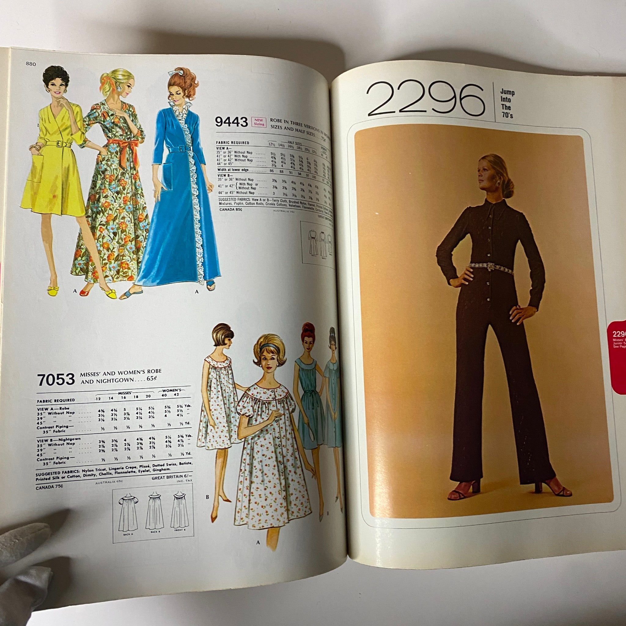 1960s April McCall's Step-by-Step Pattern Catalog displaying elegant patterns for women's robes, nightgowns, and a fashionable jumpsuit from the early 1970s.