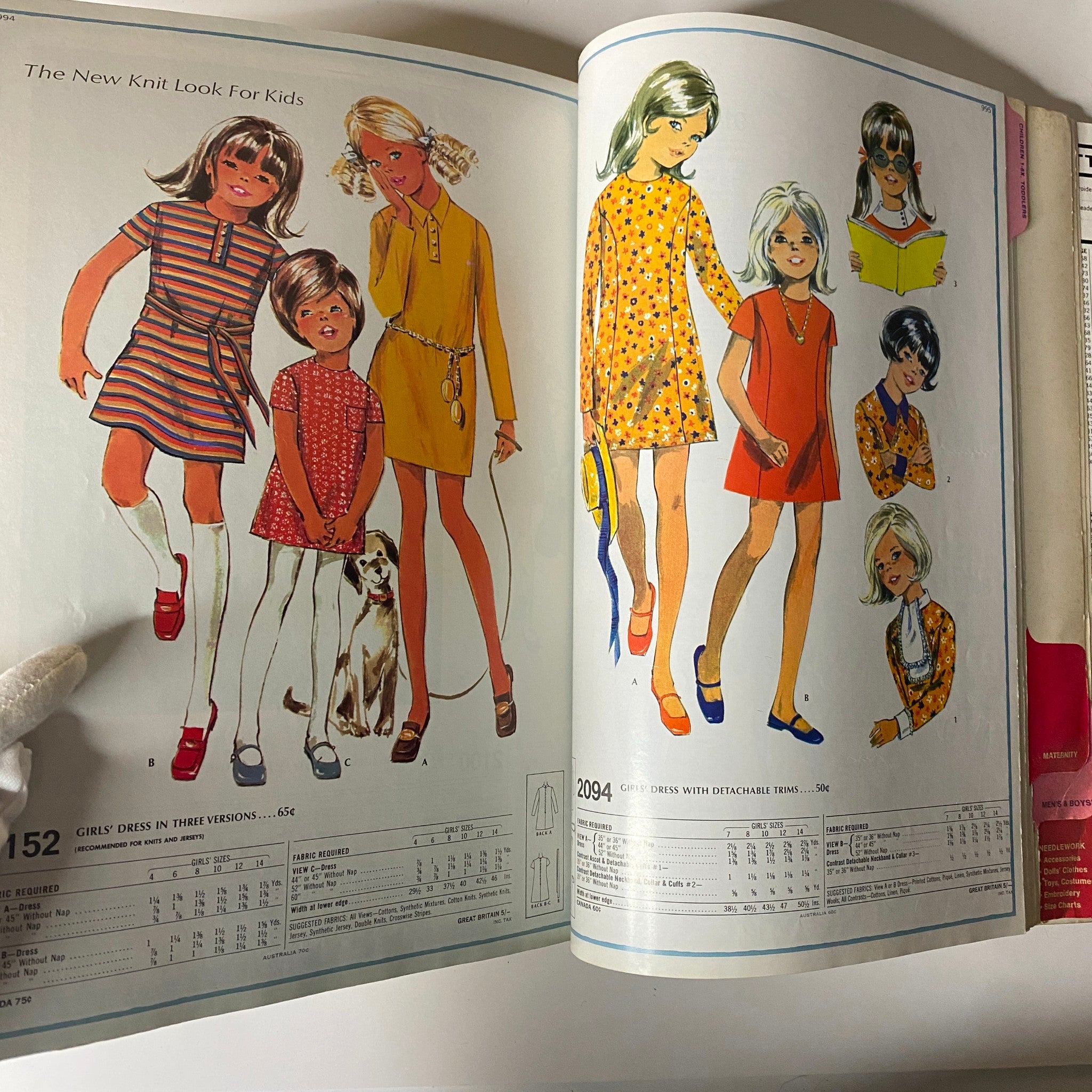 1960s April McCall's Step-by-Step Pattern Catalog illustrating trendy knit dresses for girls, including various styles and options for children.